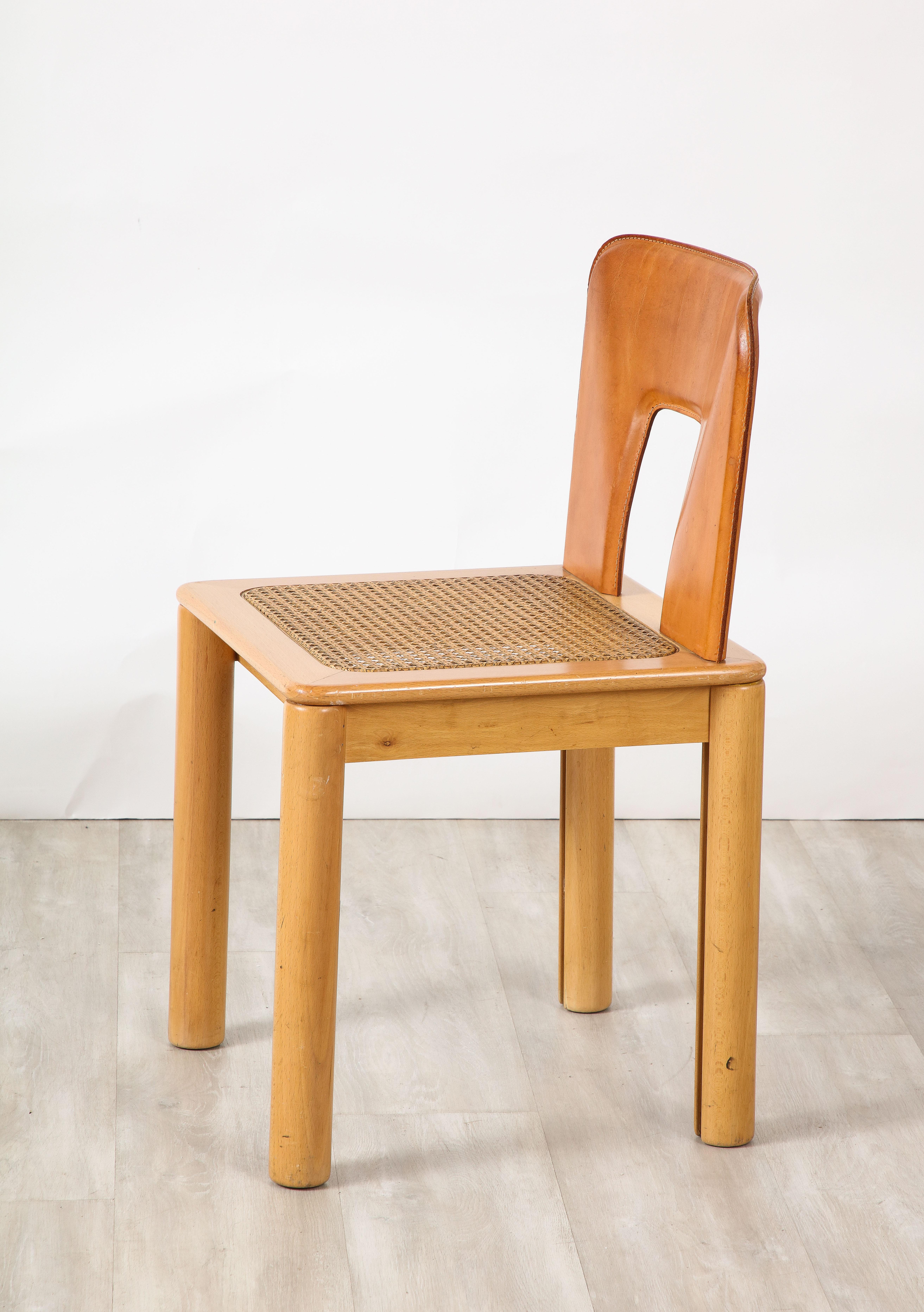 Italian 1970's Dining Chairs with Leather, Wood, Cane Seats, Italy, circa 1970 For Sale 11