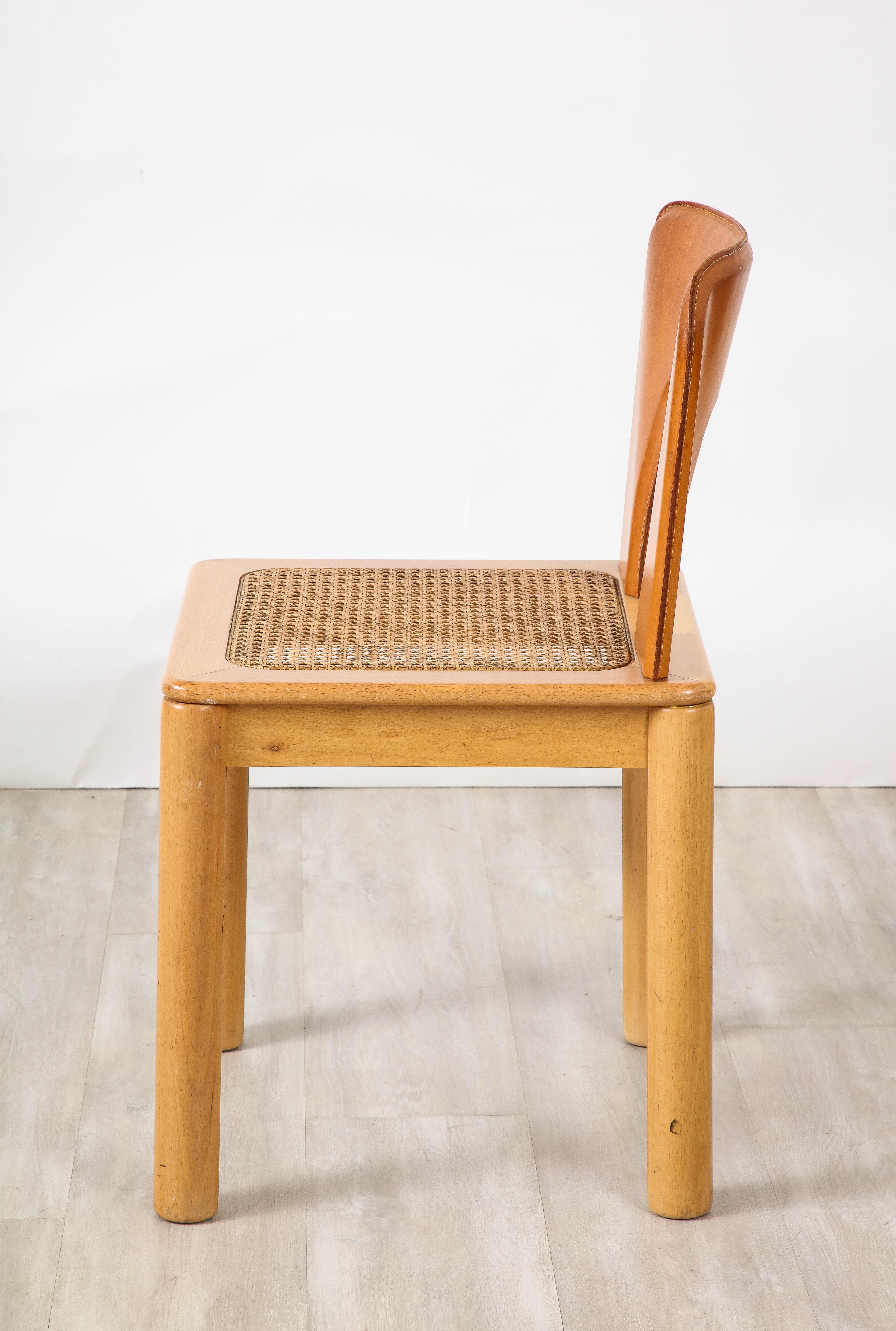 Italian 1970's Dining Chairs with Leather, Wood, Cane Seats, Italy, circa 1970 For Sale 12