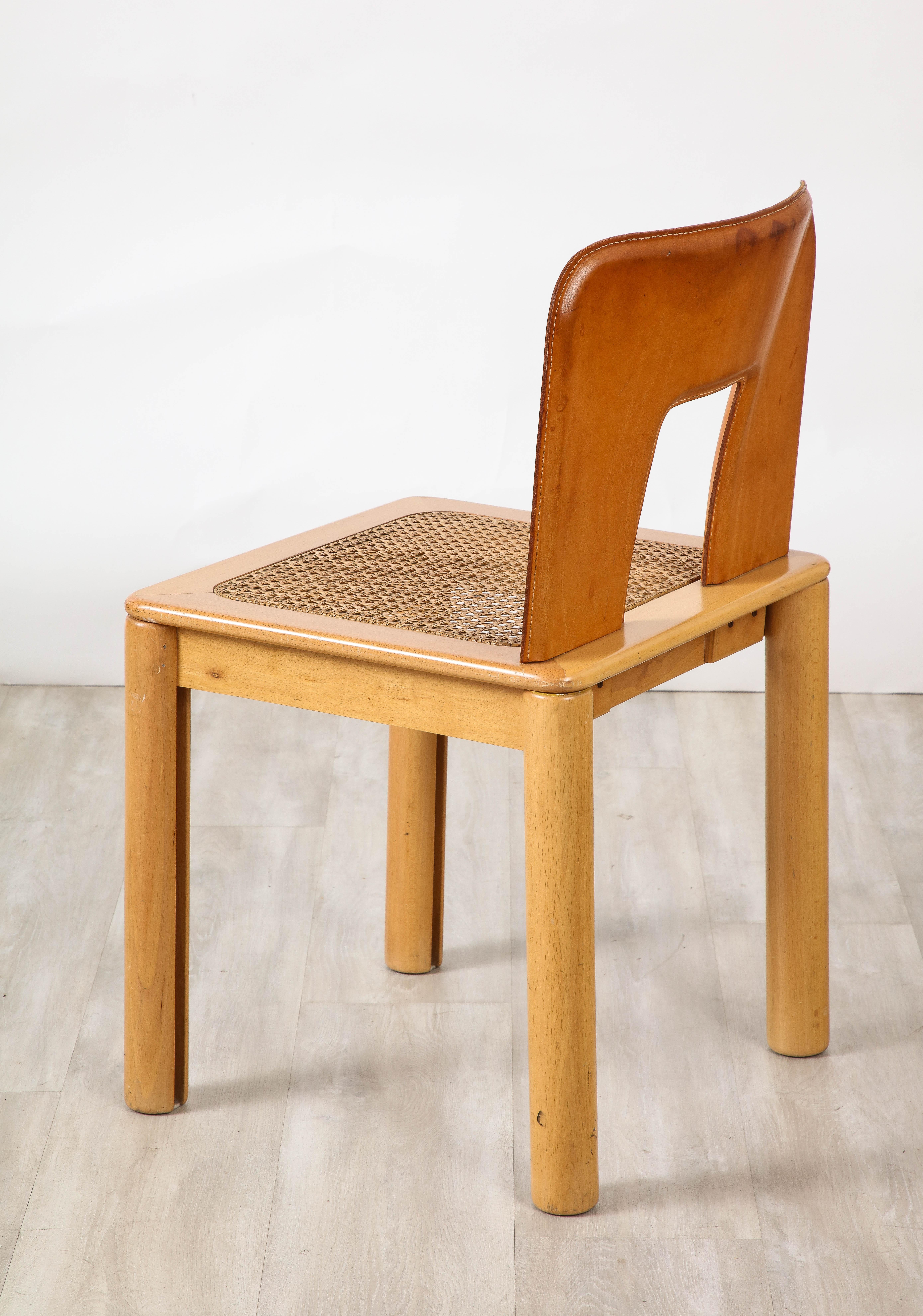 Italian 1970's Dining Chairs with Leather, Wood, Cane Seats, Italy, circa 1970 For Sale 13
