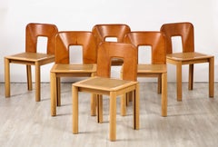 Italian 1970's Dining Chairs with Leather, Wood, Cane Seats, Italy, circa 1970