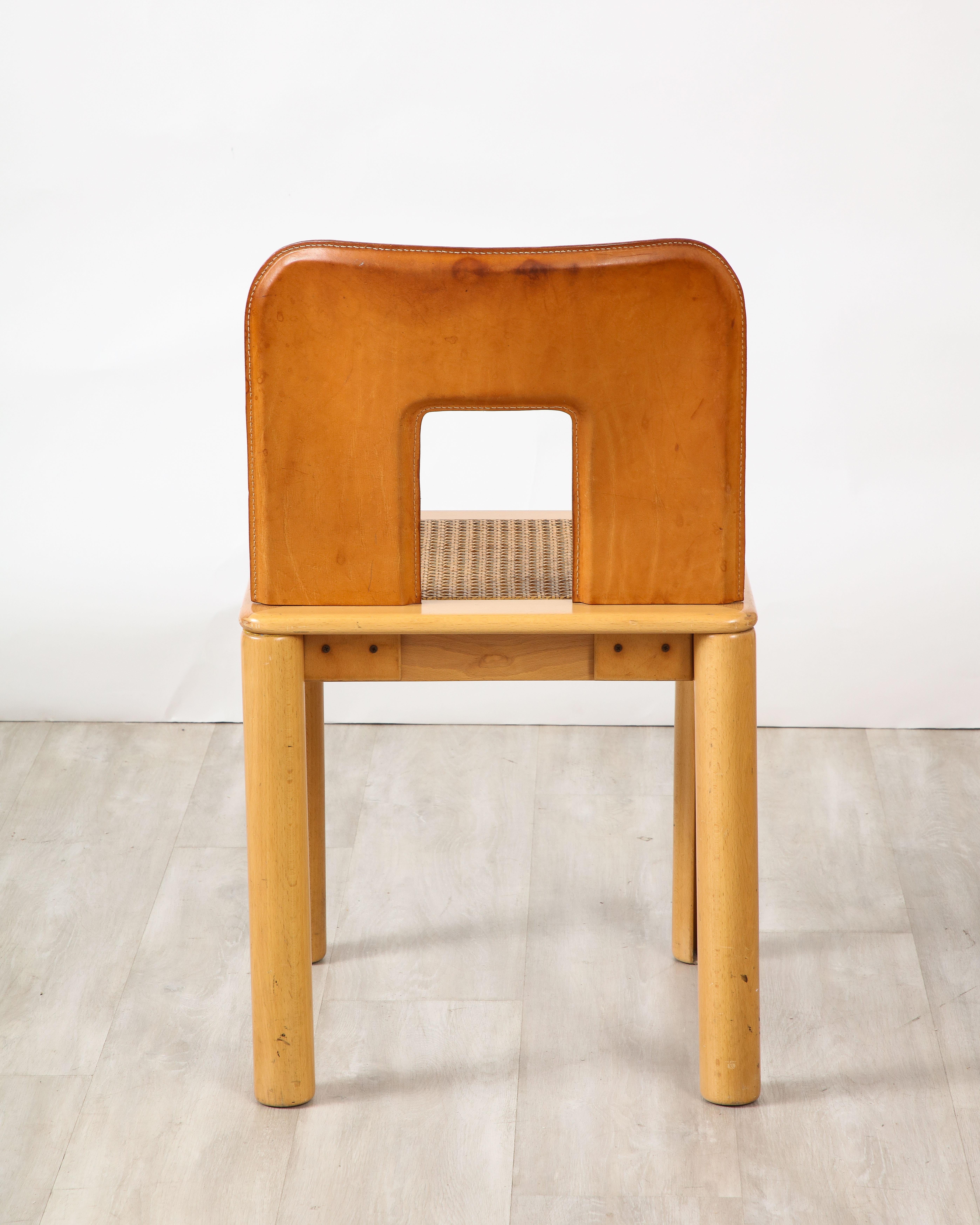 Italian 1970's Dining Chairs with Leather, Wood, Cane Seats, Italy, circa 1970 For Sale 14