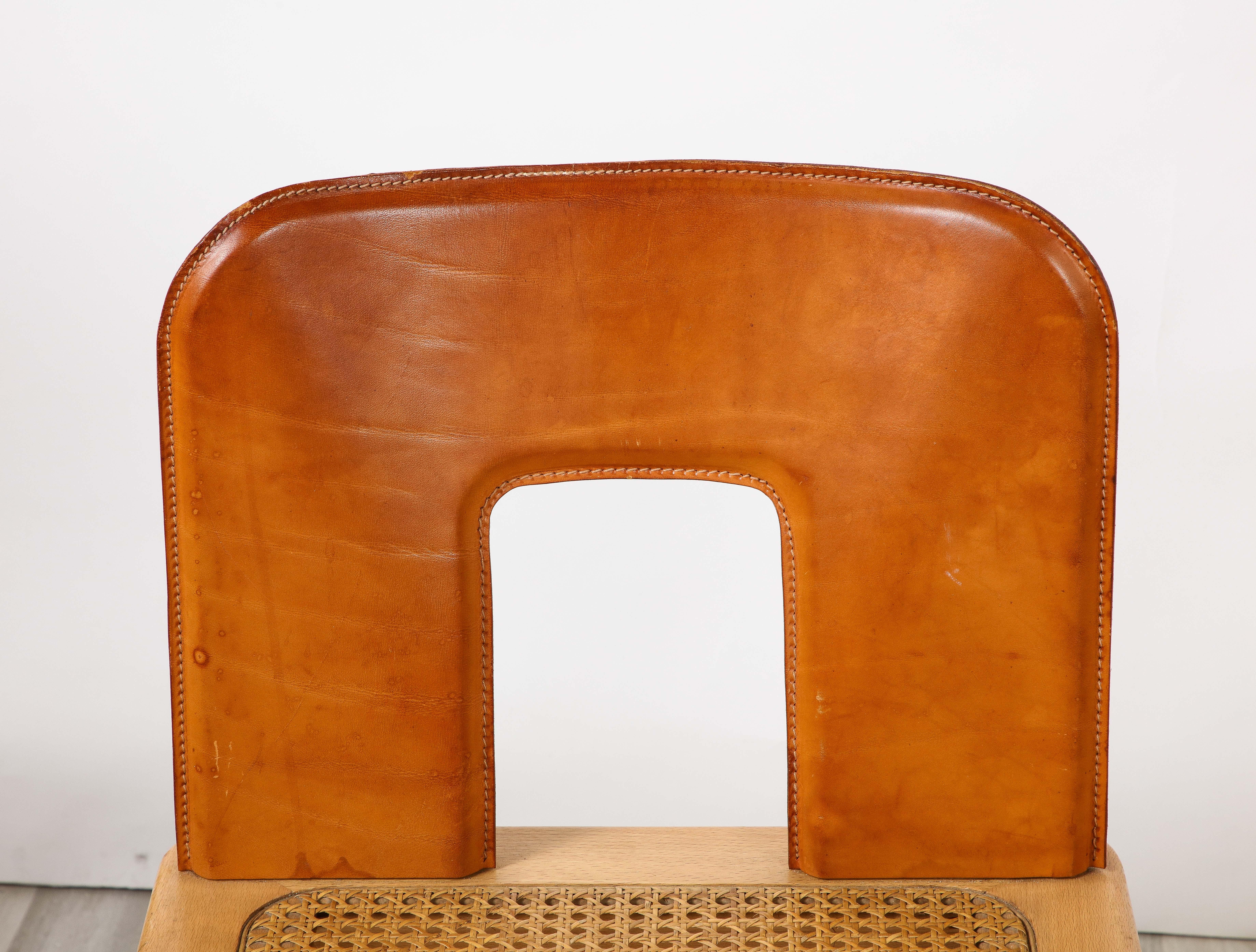 Italian 1970's Dining Chairs with Leather, Wood, Cane Seats, Italy, circa 1970 For Sale 2
