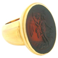 Italian 1970s Etruscan Revival 18K Gold Intaglio Signet Ring with Carved Carneli