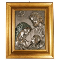 Italian 1970s Florentine 925 Silver-Plated Holy Family Bas-Relief