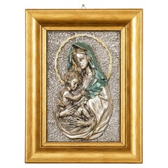 Italian 1970s Florentine 925 Silver-Plated Madonna and Child Bas-Relief