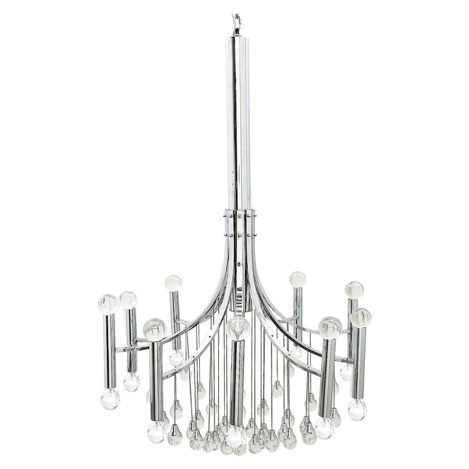 Italian 1970's Gaetano Sciolari Style Chrome and Glass Ten Light Chandelier For Sale