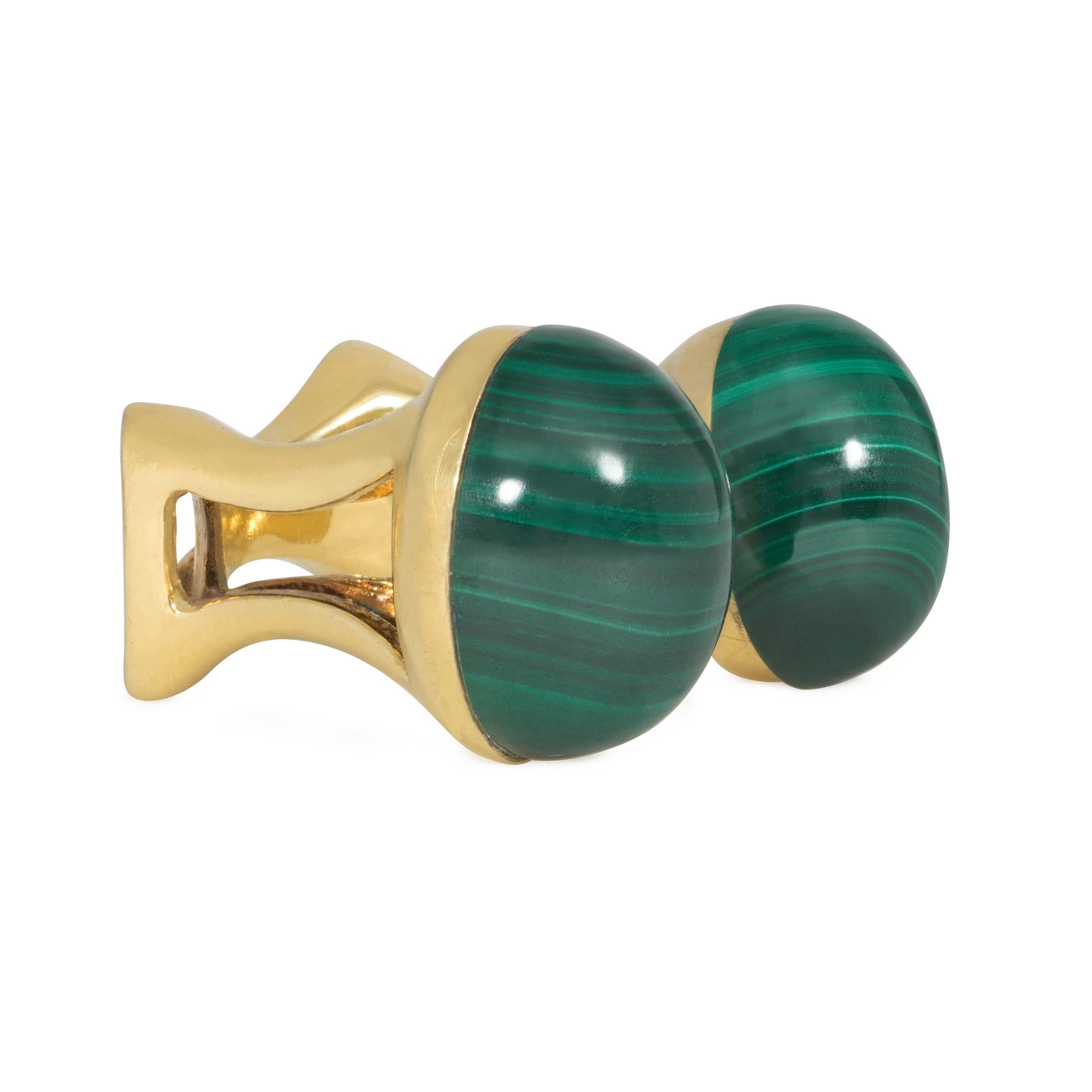 Modernist Italian 1970s Gold and Cabochon Malachite Between the Finger Ring For Sale