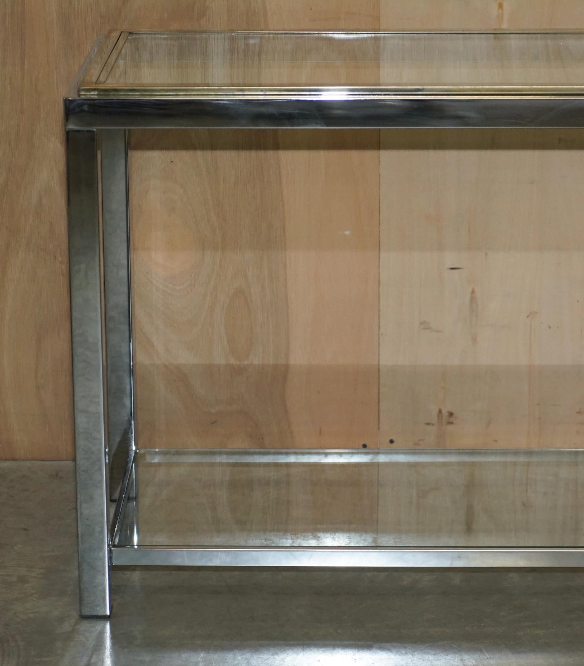 European Italian 1970's Mid-Century Modern Vintage Chrome Brass & Glass Console Table For Sale