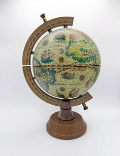 Italian 1970s Mini Globe Bar Set with Amber Glass Decanter and Six Shot Glasses