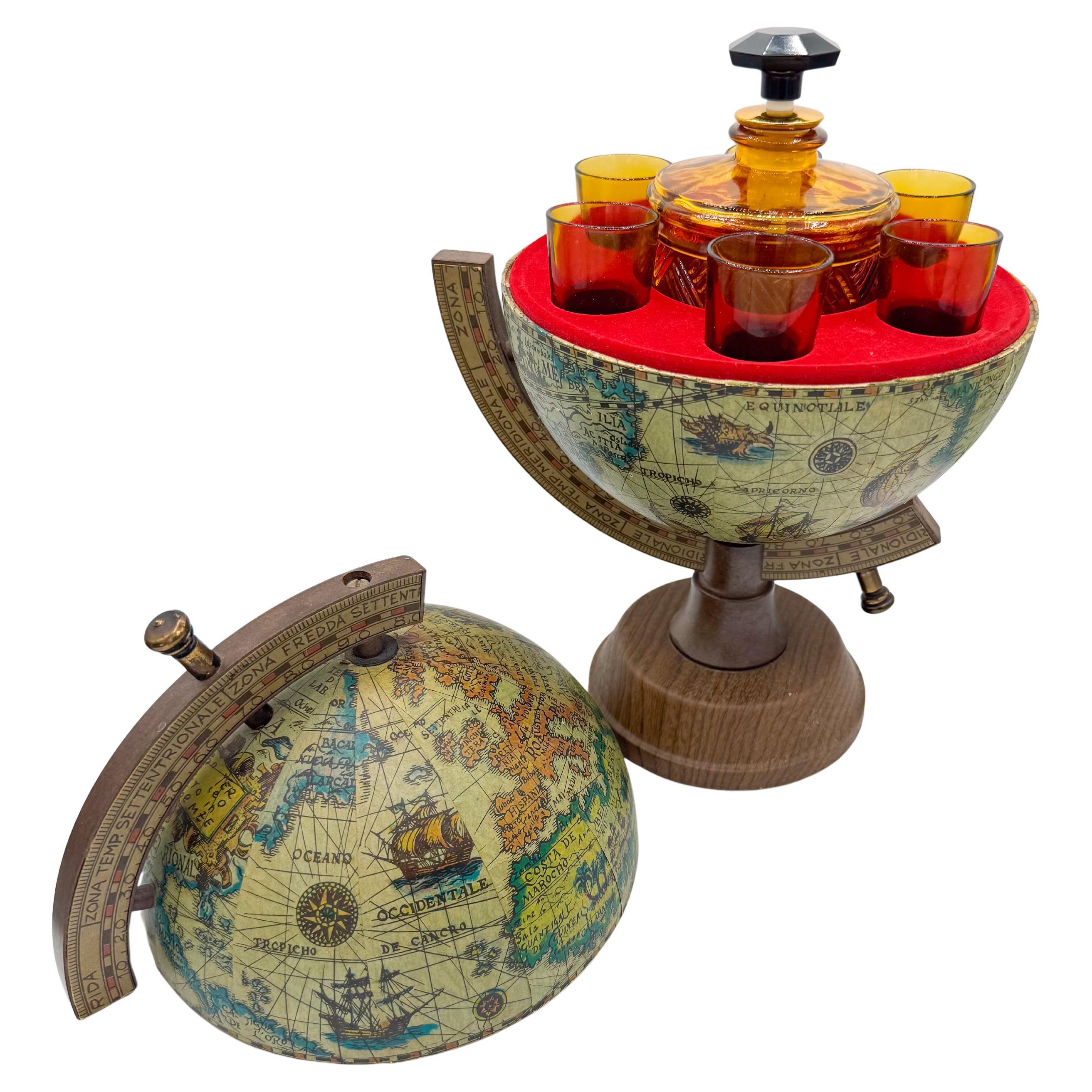 Italian 1970s Mini Globe Bar Set with Amber Glass Decanter and Six Shot Glasses