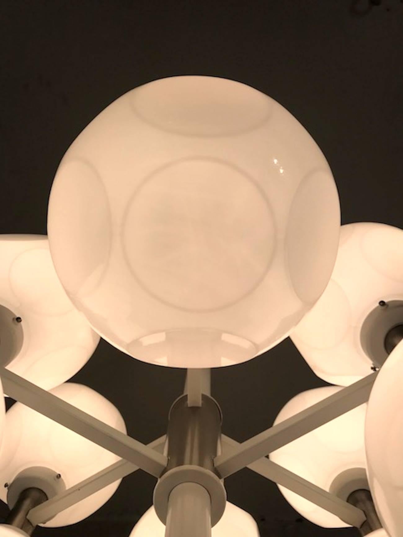 Late 20th Century Italian 1970s Mod White Enamel and Case Glass Shade Chandelier
