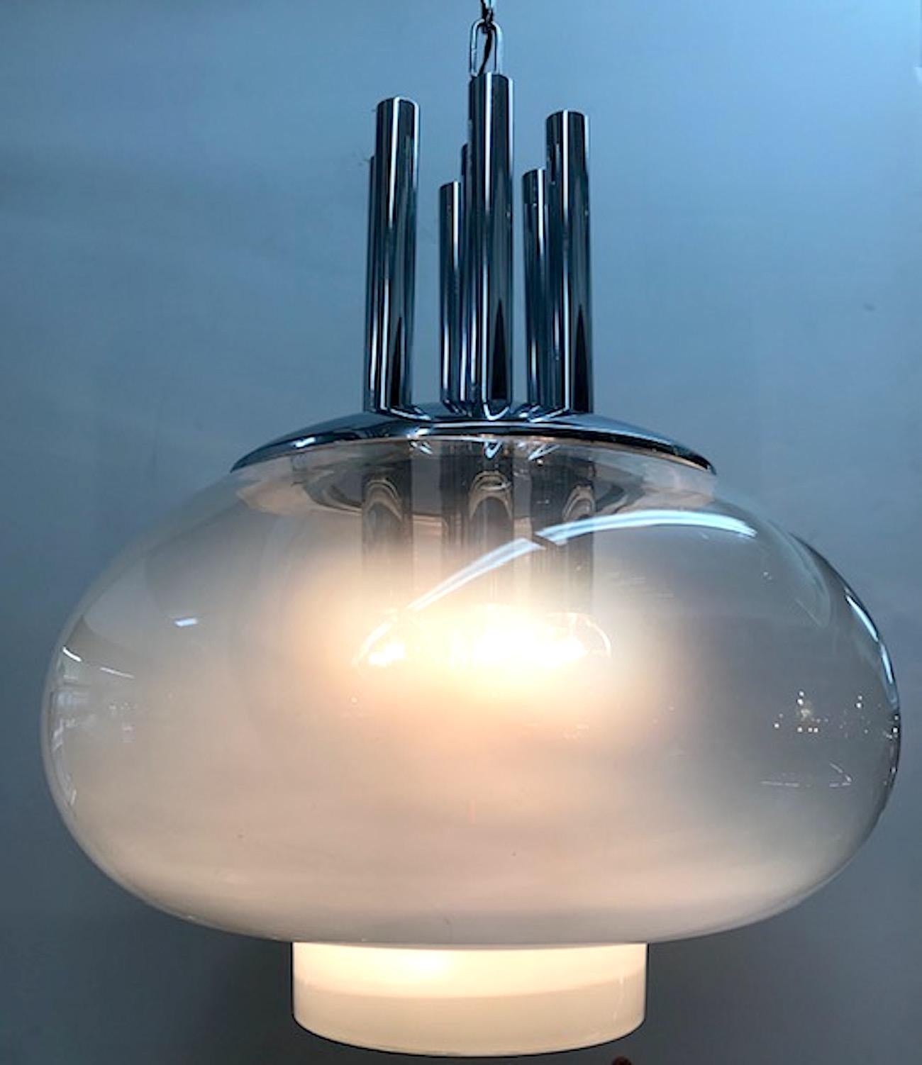 Mid-Century Modern Italian 1970s Modern Blown Glass and Chrome Pendant Light