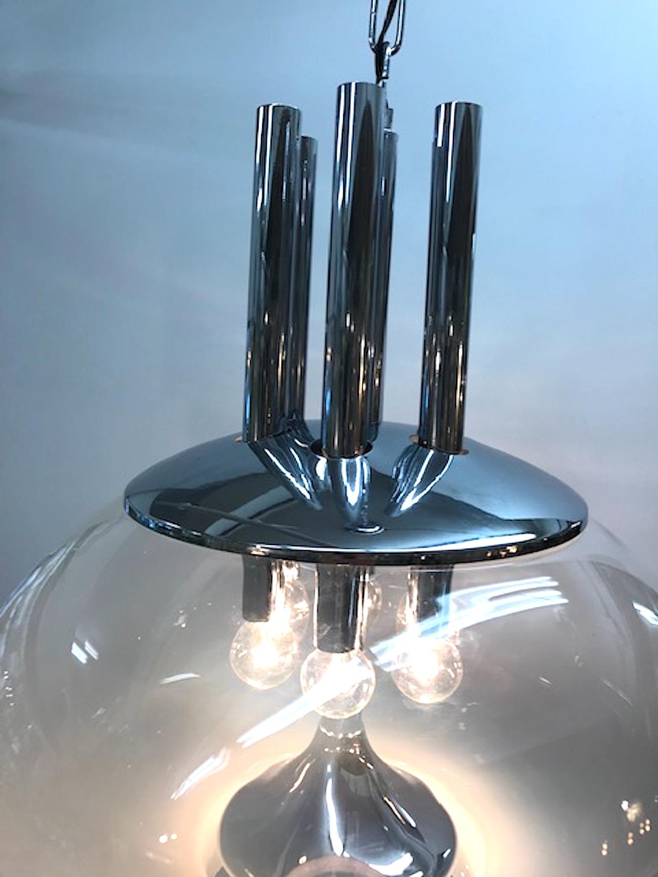 Late 20th Century Italian 1970s Modern Blown Glass and Chrome Pendant Light