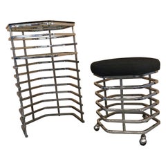 Italian 1970s Modern Chrome and Glass Vanity Table & Stool