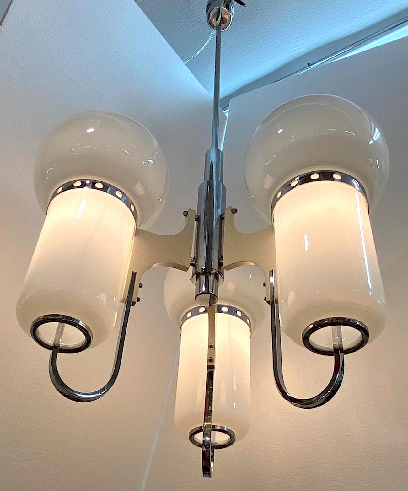 Mid-Century Modern Italian 1970s Modern Chrome & Murano Blown Glass Shade Chandelier