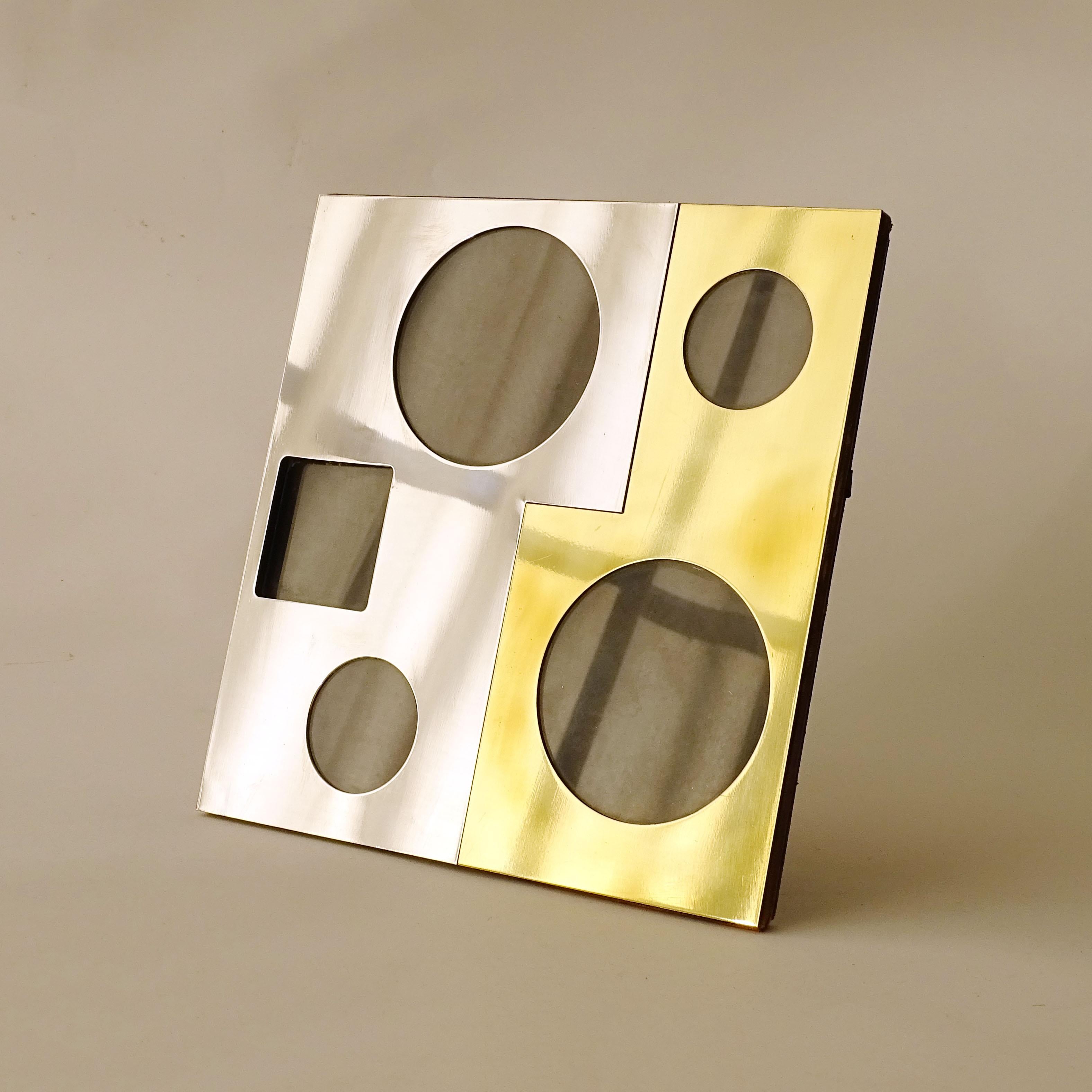 Late 20th Century Italian 1970s Multi Windows Picture Frame in Brass, Chrome and Leather For Sale
