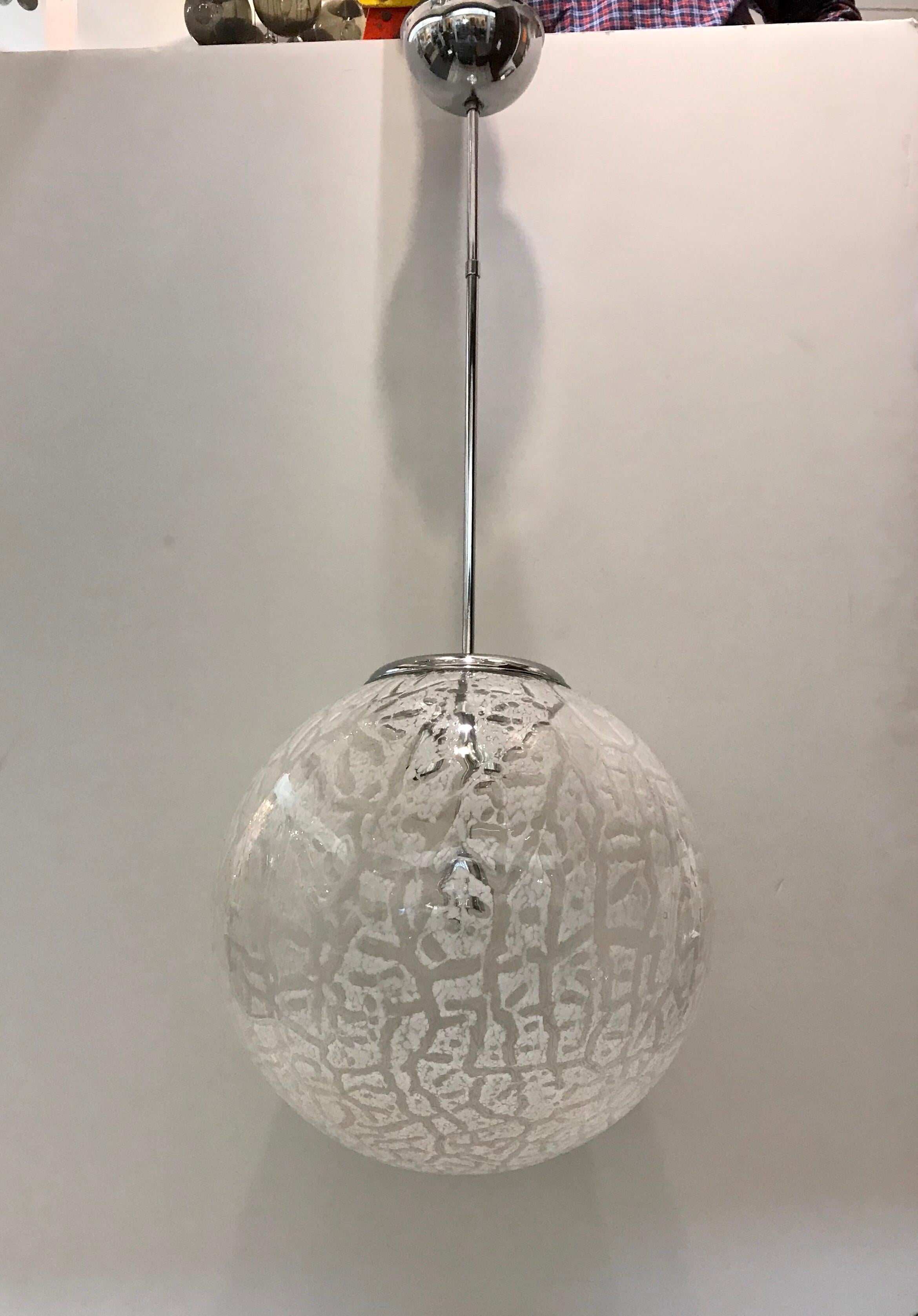 Mid-Century Modern Murano Italy Huge Clear and White Glass Globe Pendant Light