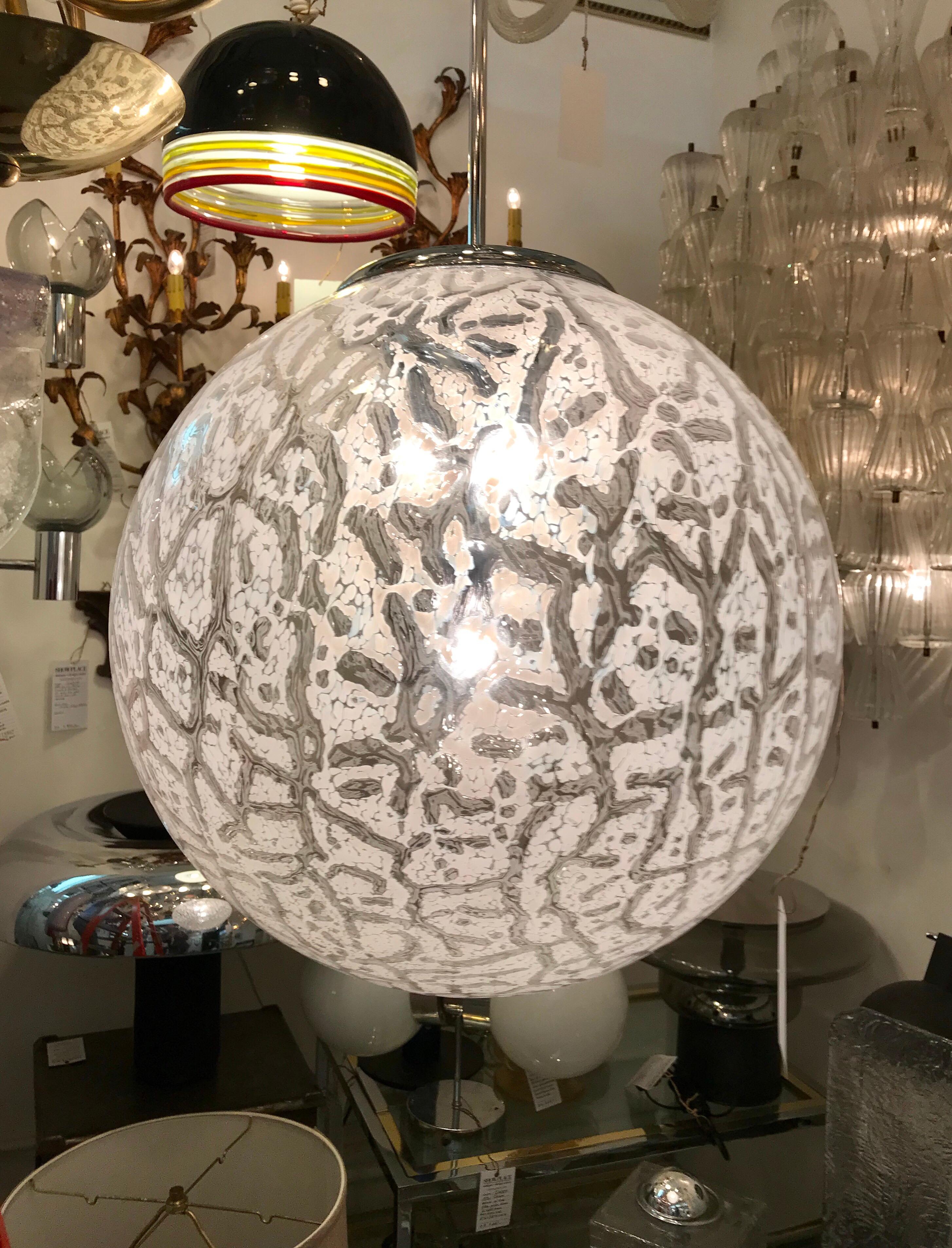 Late 20th Century Murano Italy Huge Clear and White Glass Globe Pendant Light