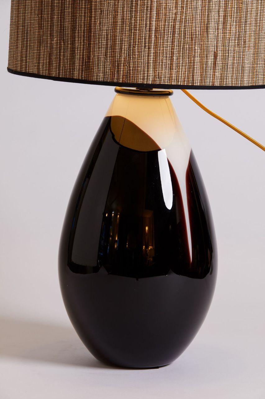 Italian 1970s aubergine and white Murano glass lamp with a custom lampshade.