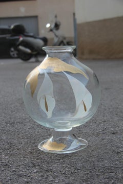 Italian 1970s Murano Glass Vase, Transparent Glass with Calle Leaves and Flowers