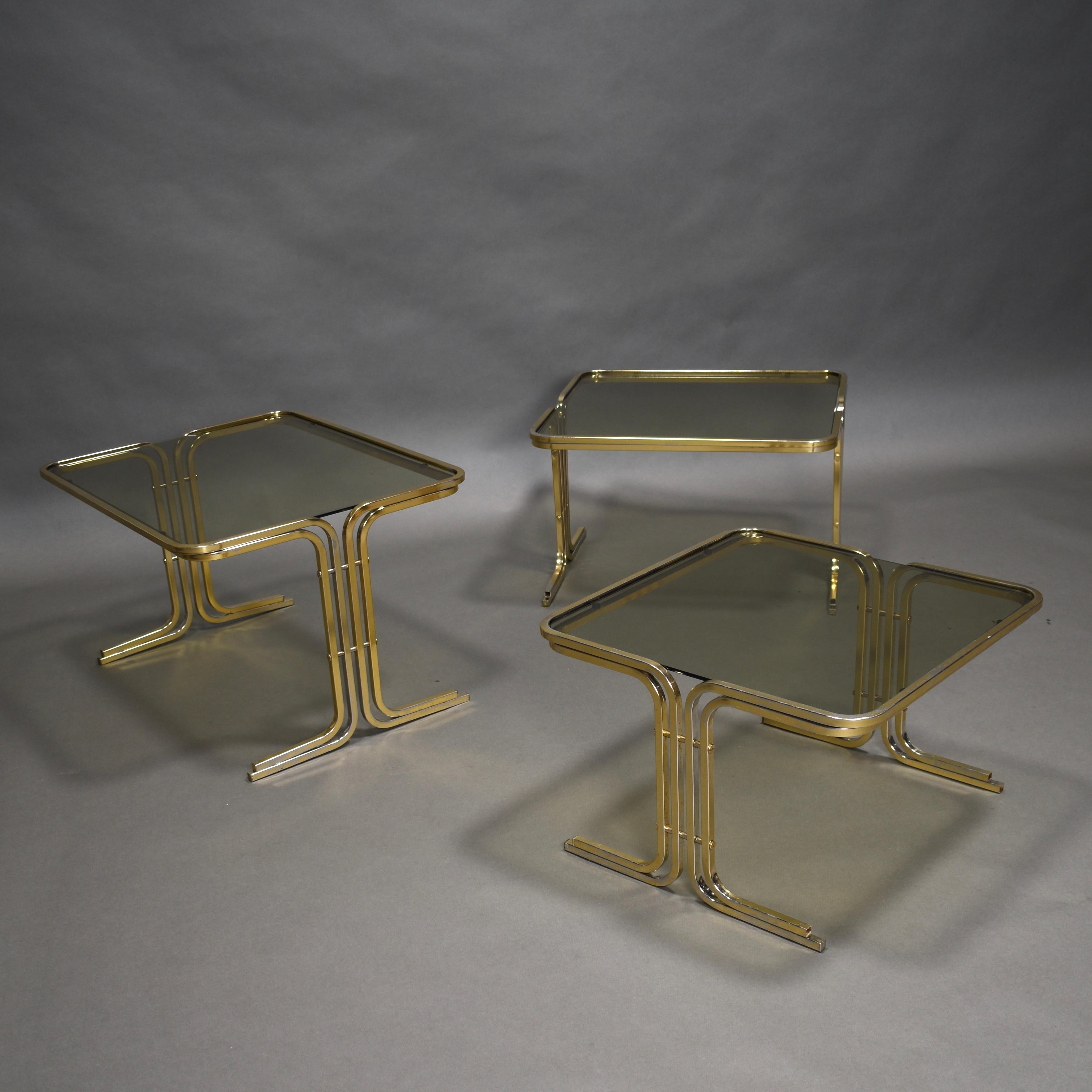 Italian 1970s Nesting Tables Gold / Smoked Glass, Italy, circa 1970 For Sale 5