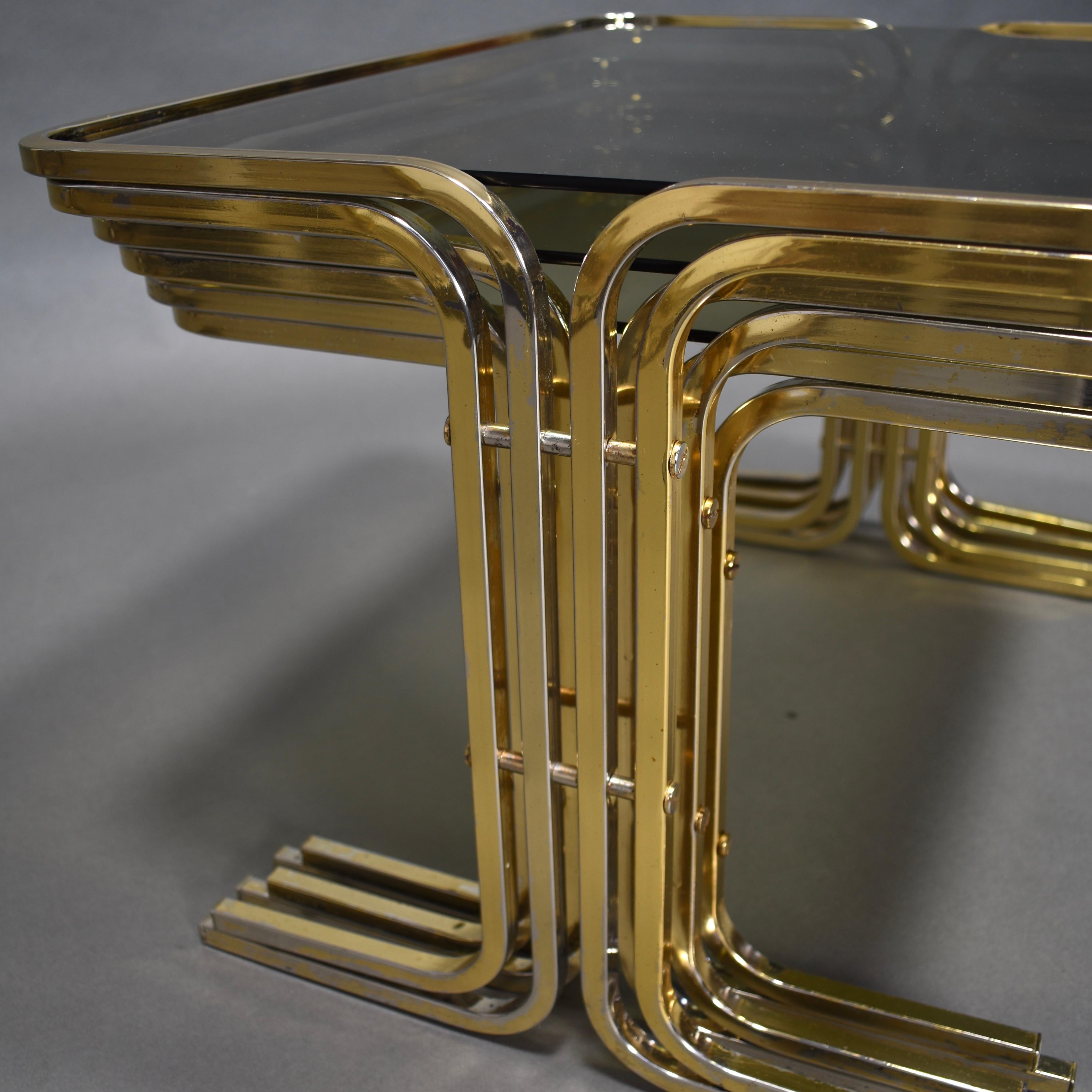 Italian 1970s Nesting Tables Gold / Smoked Glass, Italy, circa 1970 For Sale 9