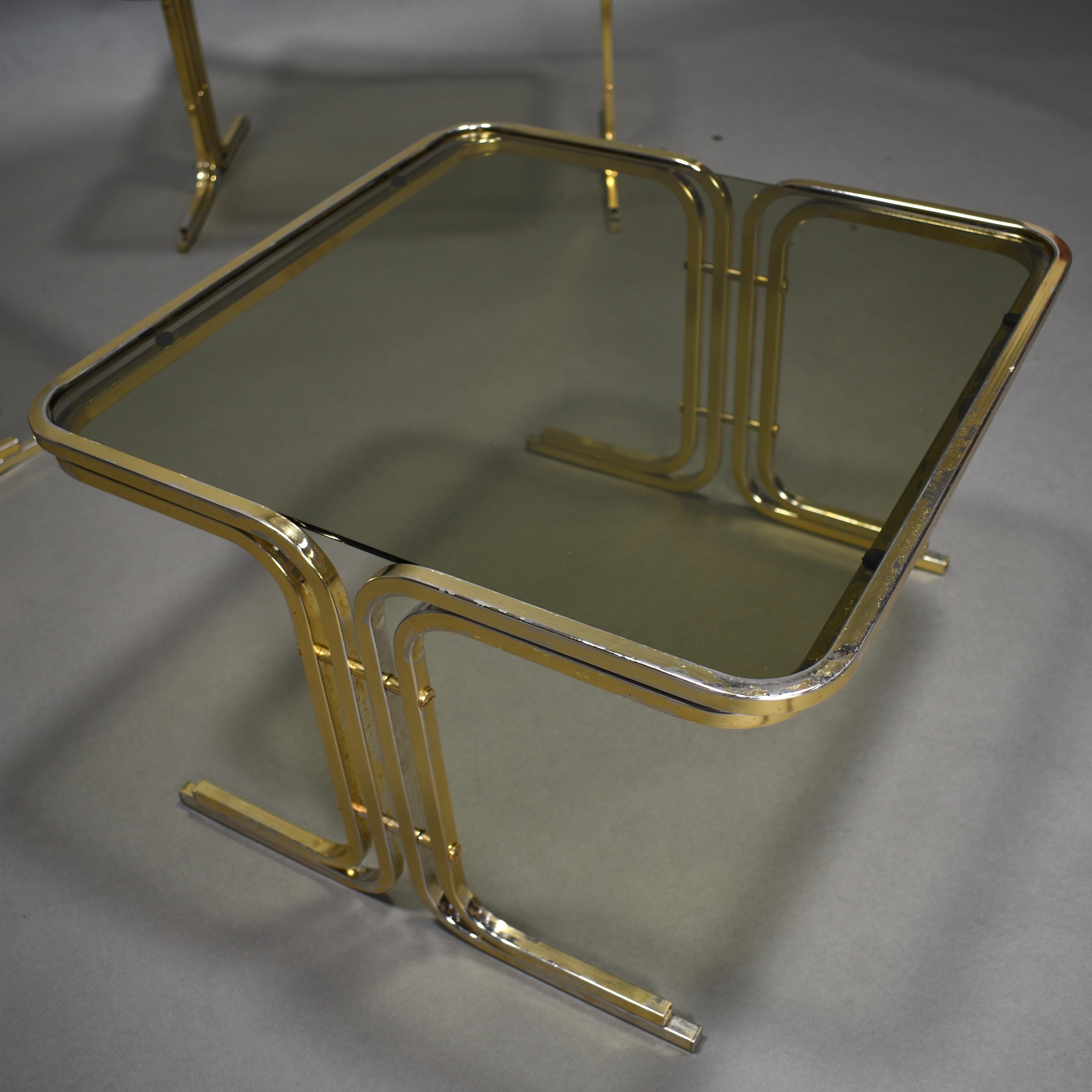 Italian 1970s Nesting Tables Gold / Smoked Glass, Italy, circa 1970 For Sale 11