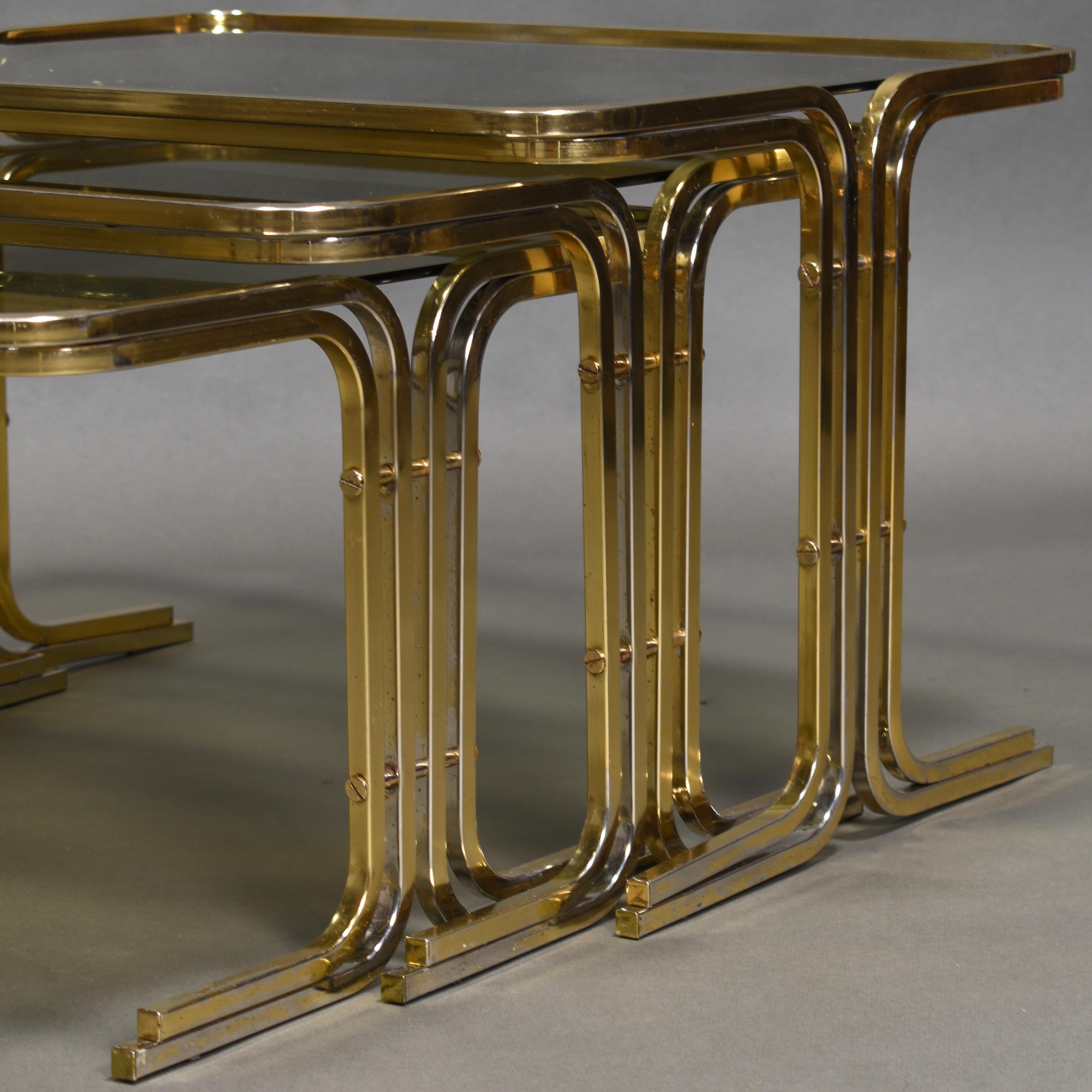 Italian 1970s Nesting Tables Gold / Smoked Glass, Italy, circa 1970 For Sale 12