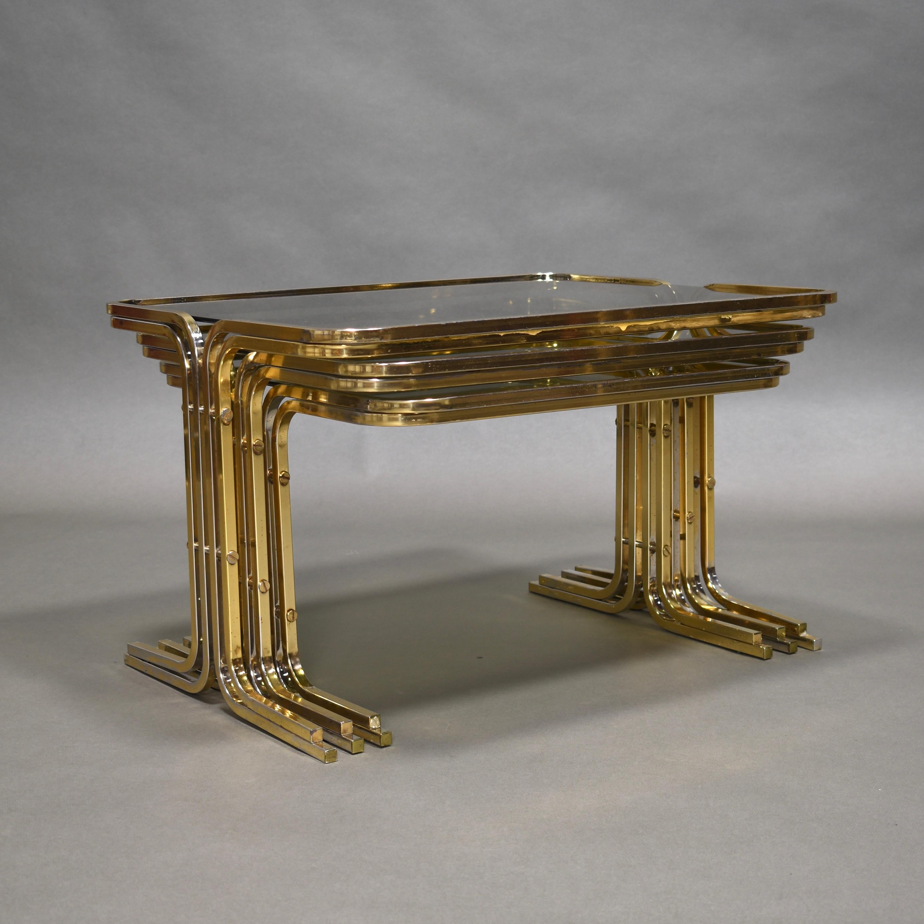 Hollywood Regency Italian 1970s Nesting Tables Gold / Smoked Glass, Italy, circa 1970 For Sale