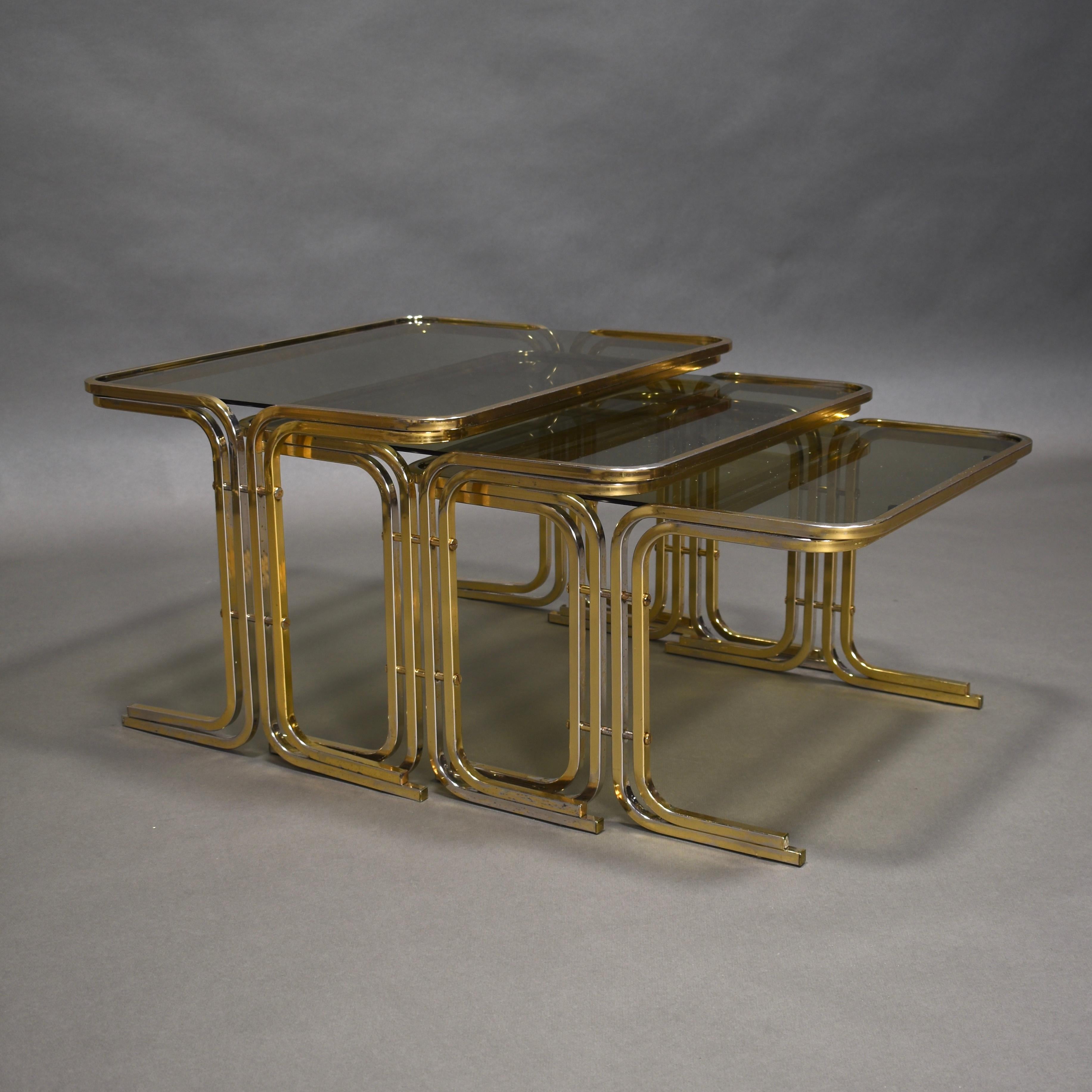 Late 20th Century Italian 1970s Nesting Tables Gold / Smoked Glass, Italy, circa 1970 For Sale