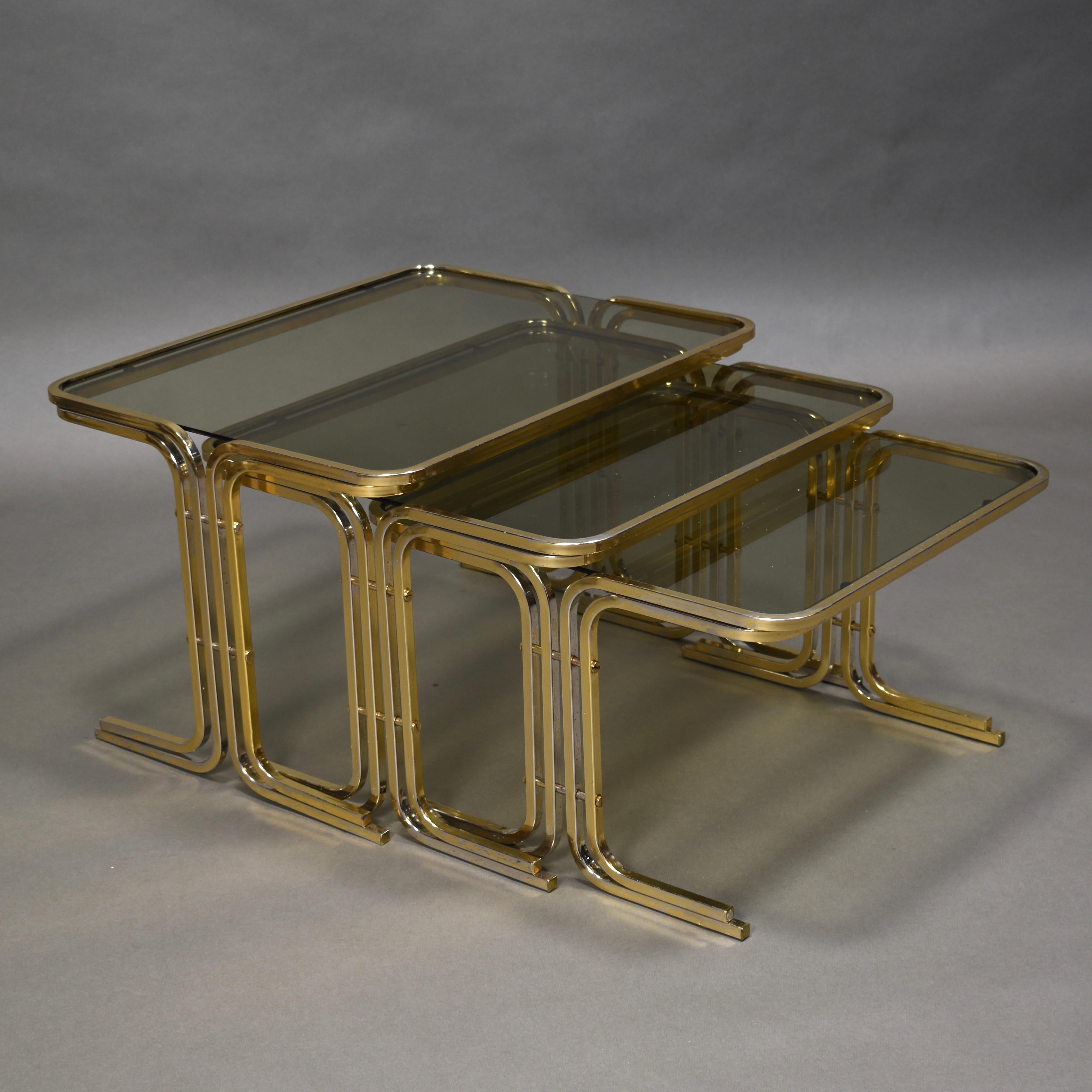 Metal Italian 1970s Nesting Tables Gold / Smoked Glass, Italy, circa 1970 For Sale