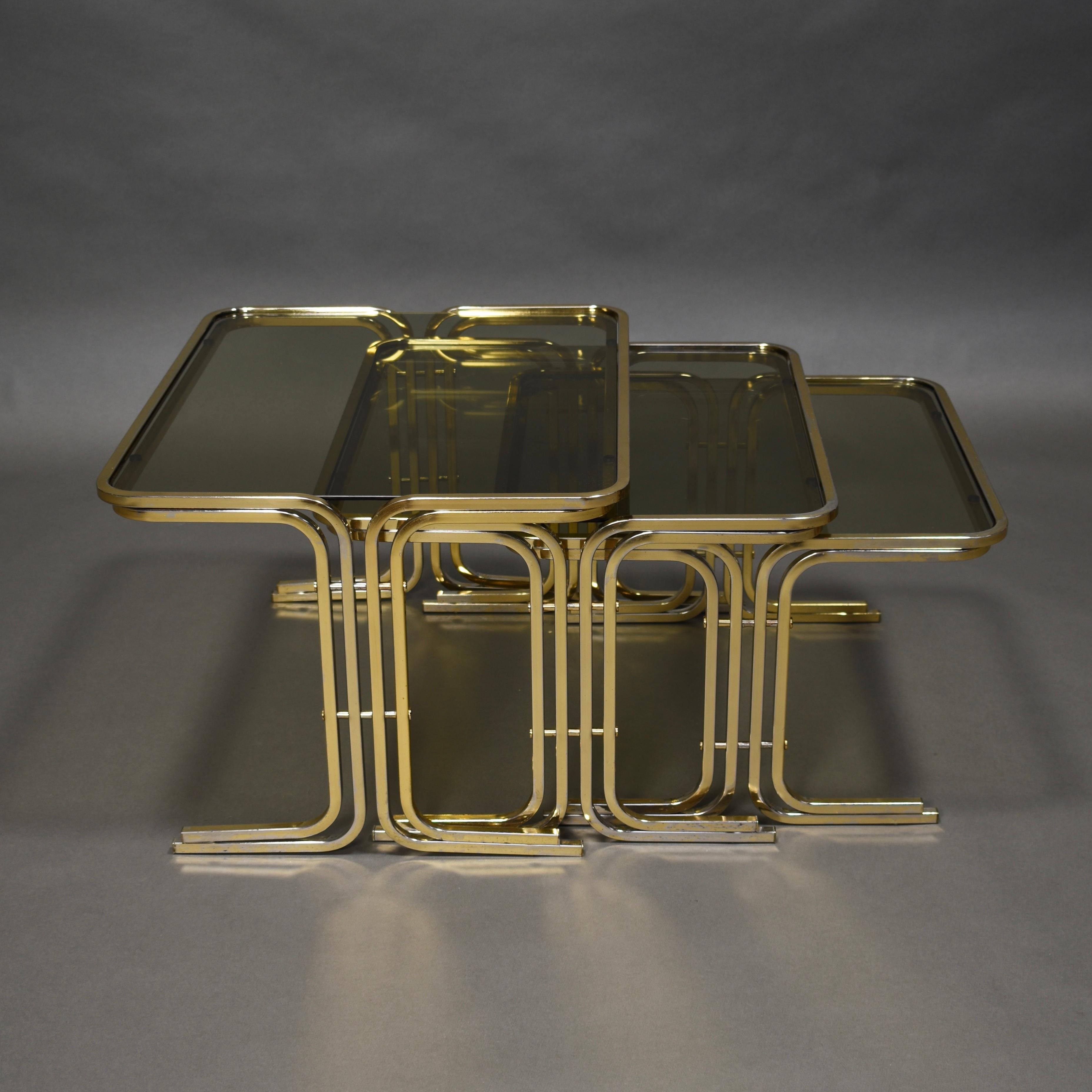 Italian 1970s Nesting Tables Gold / Smoked Glass, Italy, circa 1970 For Sale 1