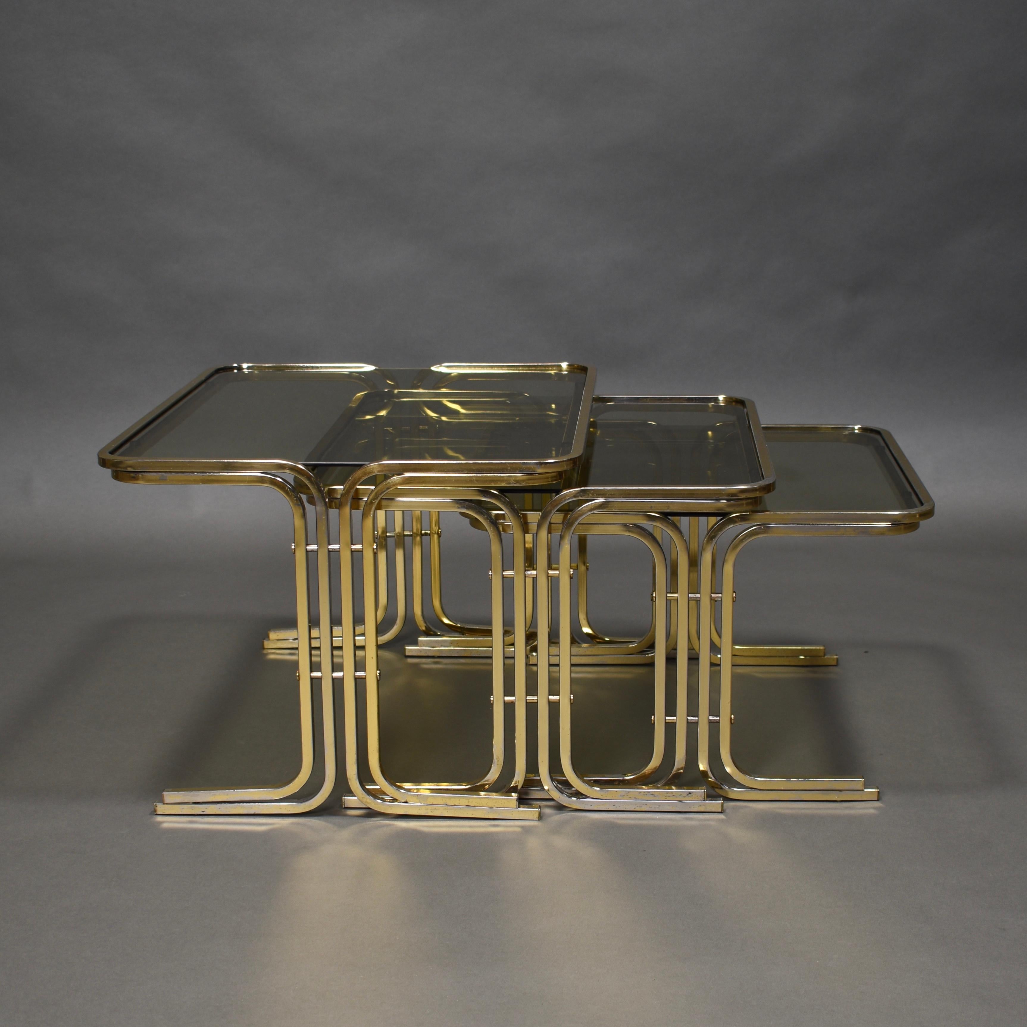 Italian 1970s Nesting Tables Gold / Smoked Glass, Italy, circa 1970 For Sale 2
