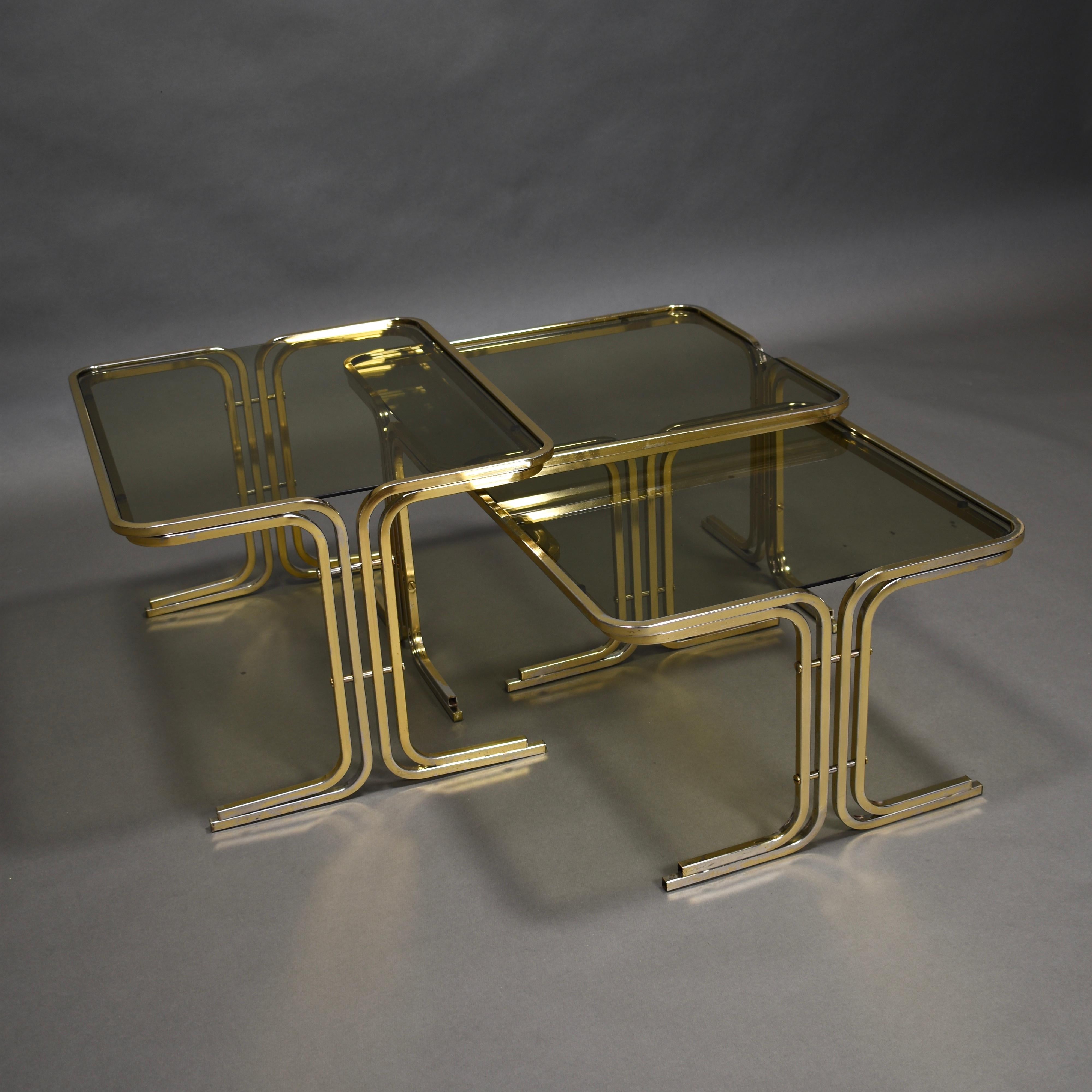 Italian 1970s Nesting Tables Gold / Smoked Glass, Italy, circa 1970 For Sale 3