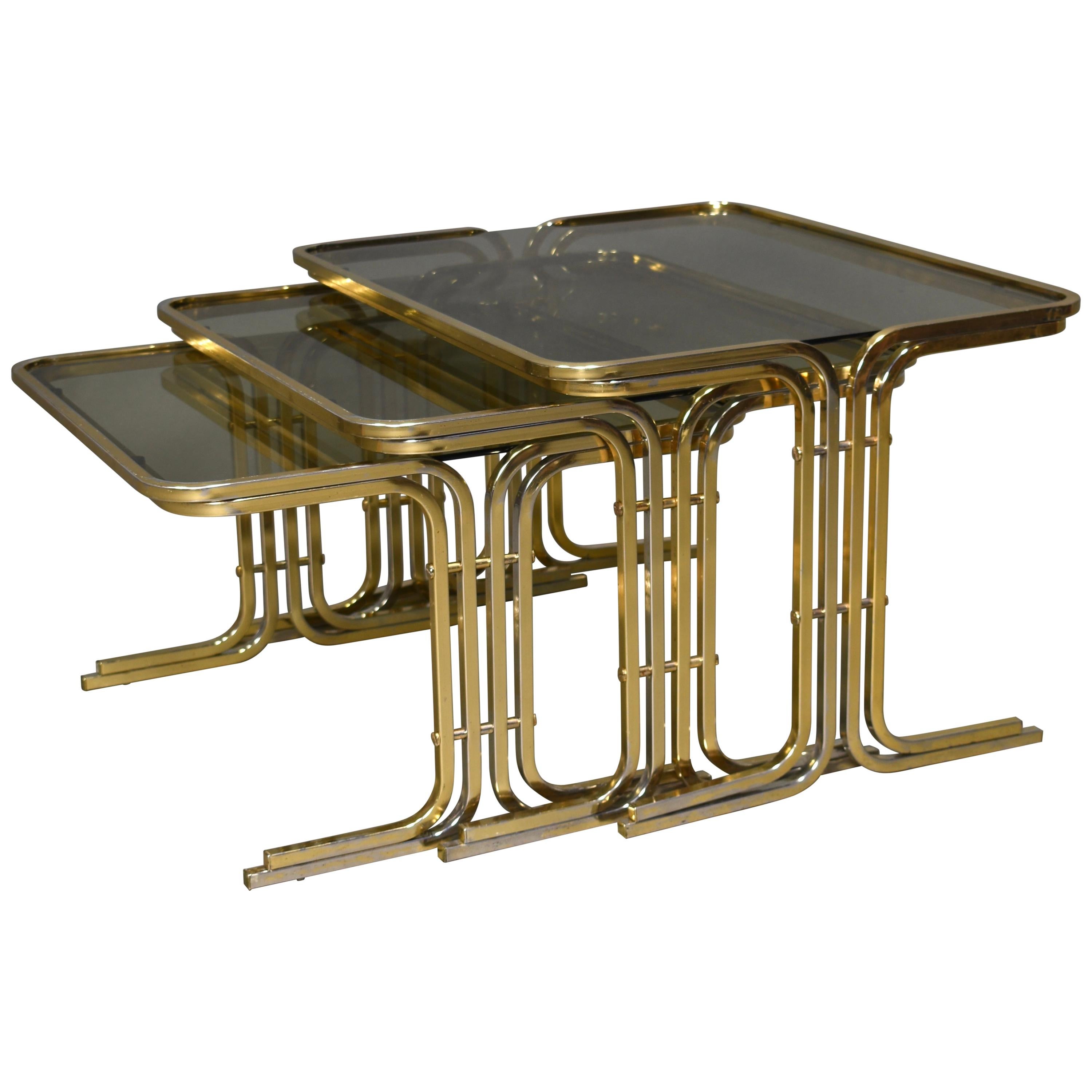Italian 1970s Nesting Tables Gold / Smoked Glass, Italy, circa 1970 For Sale