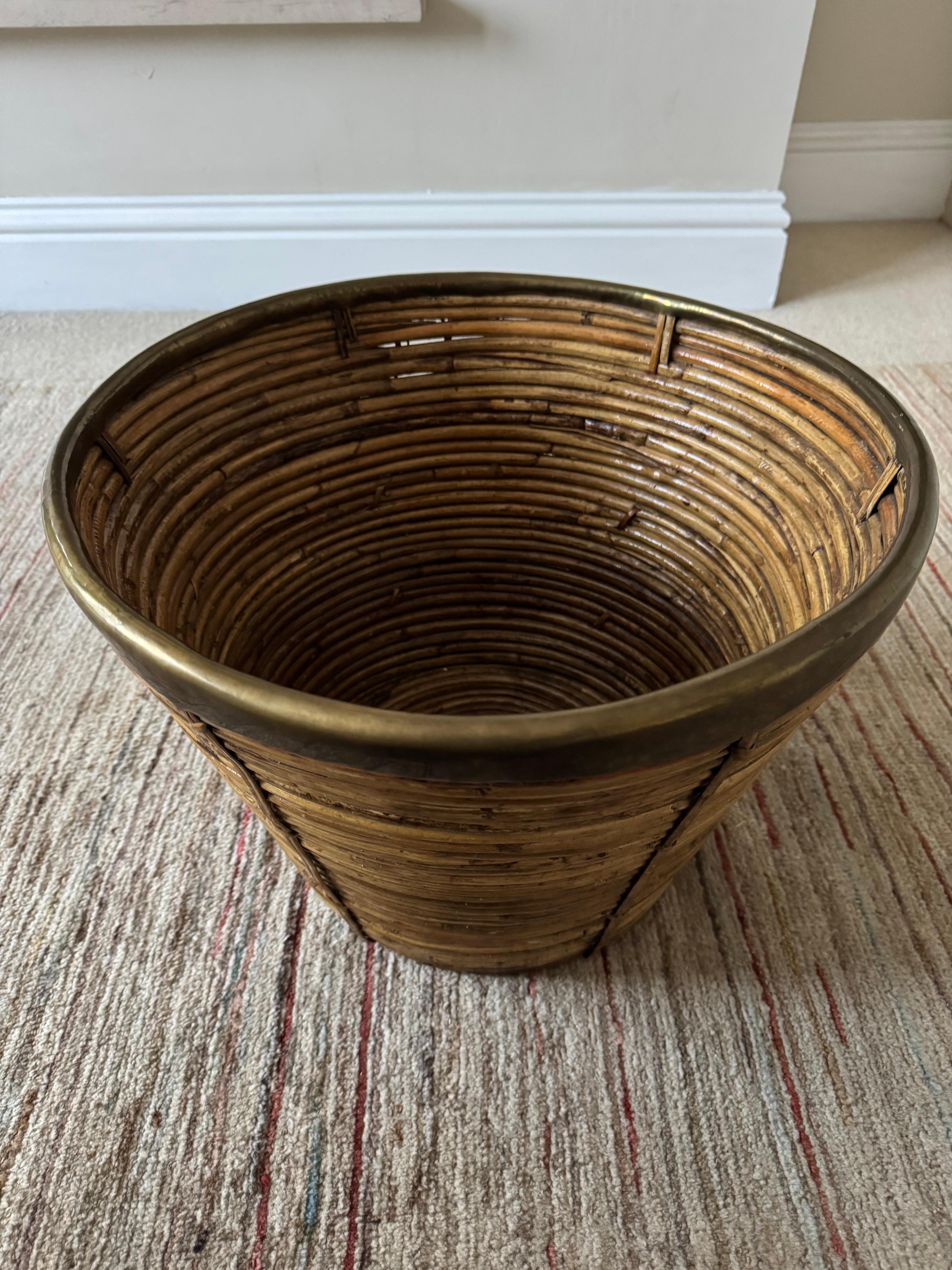 Italian 1970’s  pencil reed wicker bin basket planter 1