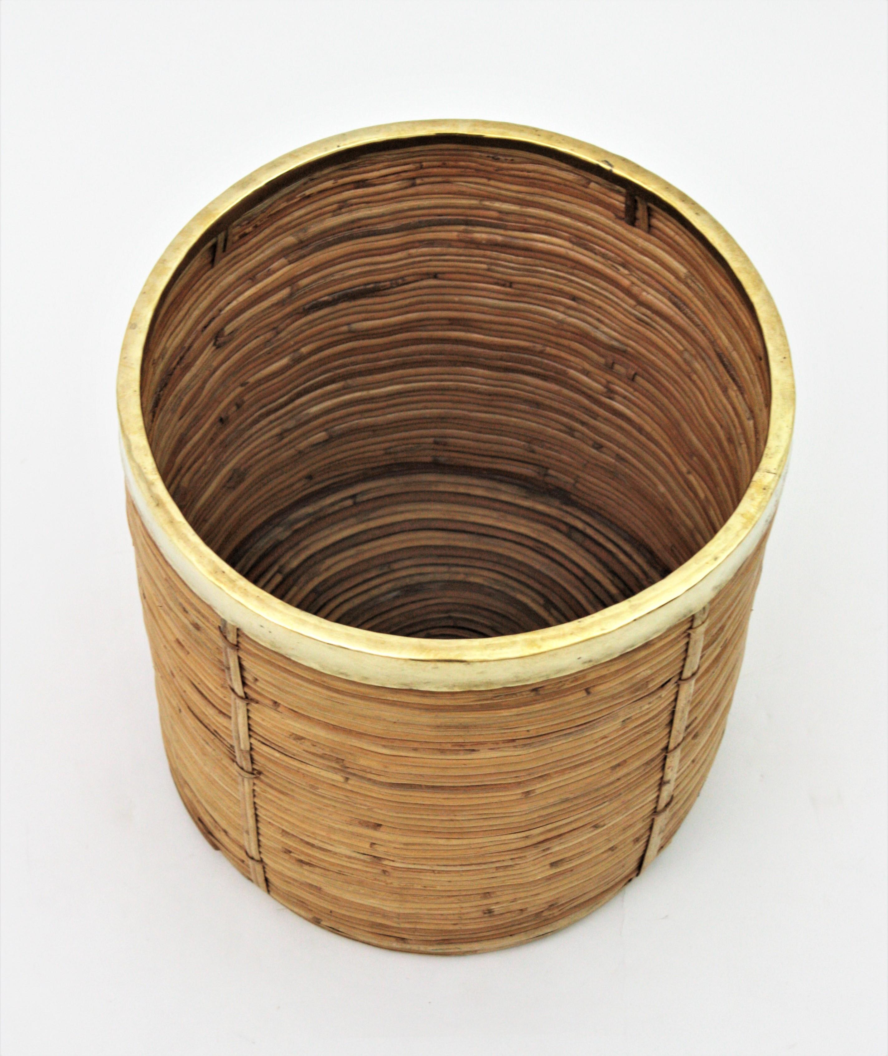 Italian 1970s Rattan Bamboo Round Planter with Brass Rim 2