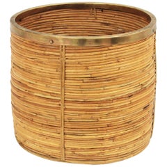 Italian 1970s Rattan Bamboo Round Planter with Brass Rim