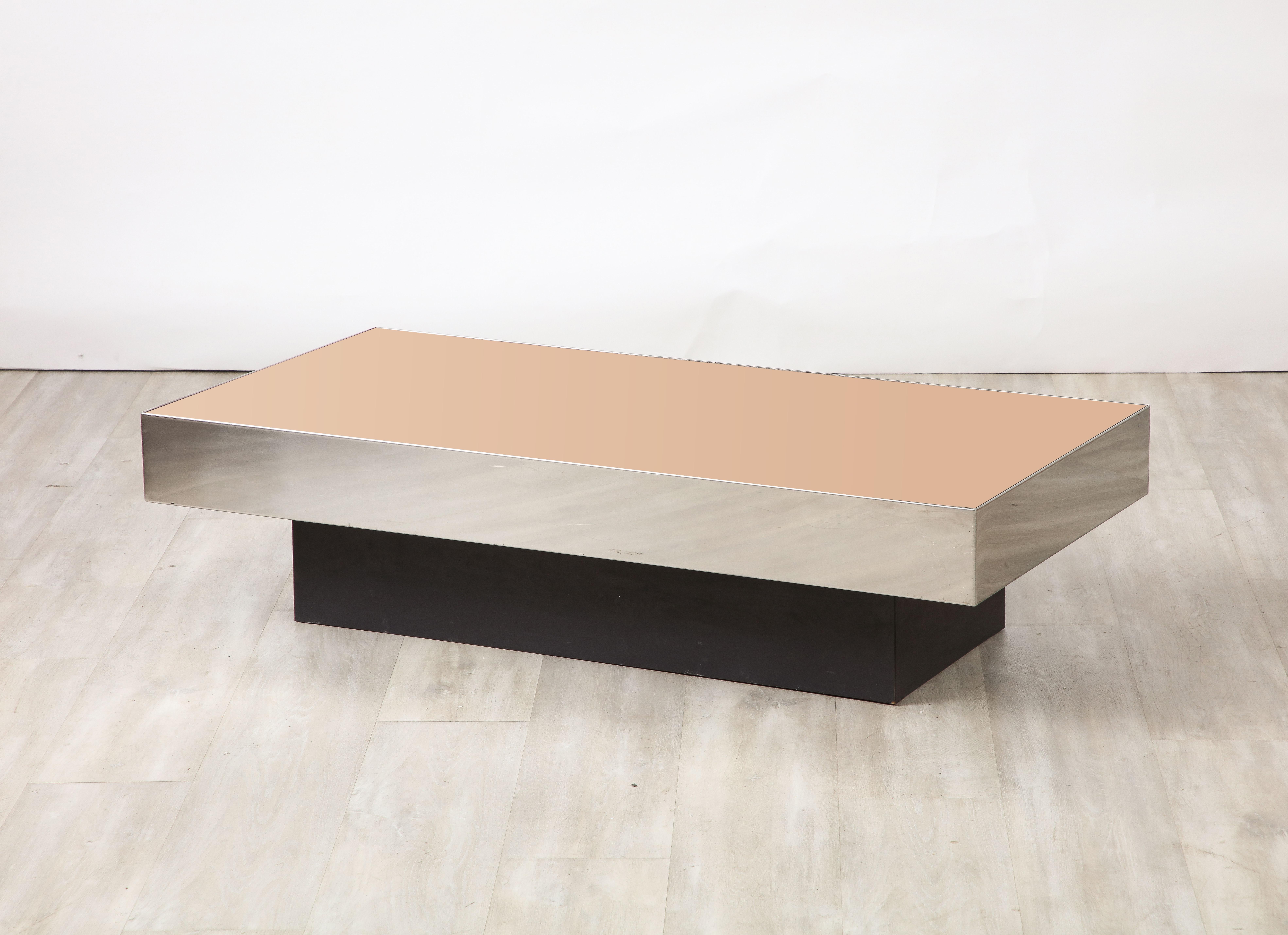Willy Rizzo Att. Italian 1970's Rose Gold and Chrome Rectangular Coffee Table  In Good Condition For Sale In New York, NY