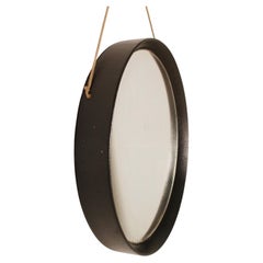 1970s Italian Round Wall Mirror with a Dark Leather-Covered Frame by Fontana Arte