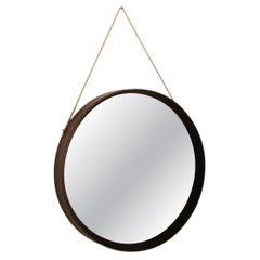 1970s Italian Round Wall Mirror with a Dark Leather-Covered Frame by Fontana Arte