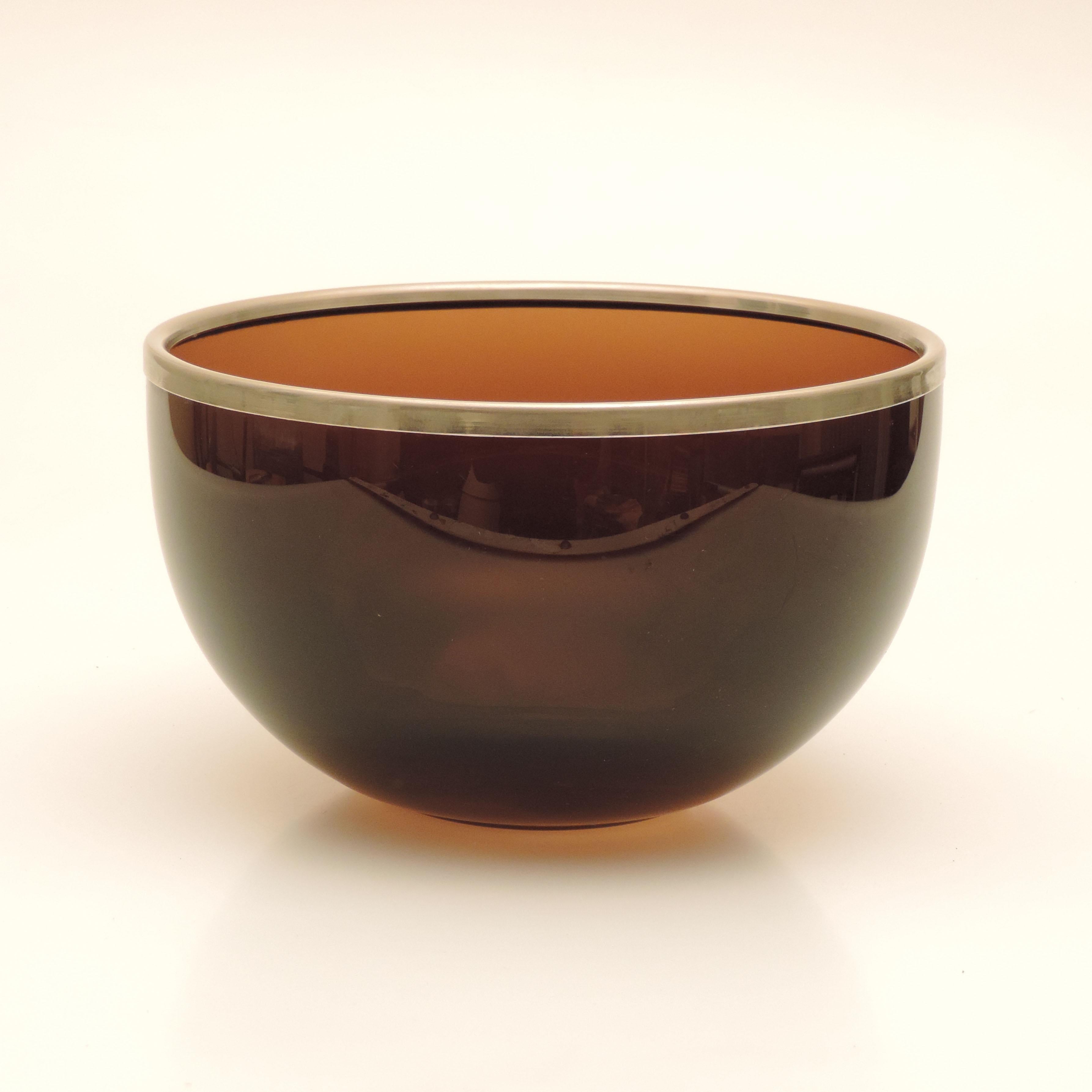 Modern Italian 1970s Serving Bowl in Brown Murano Glass and Nickel Rim