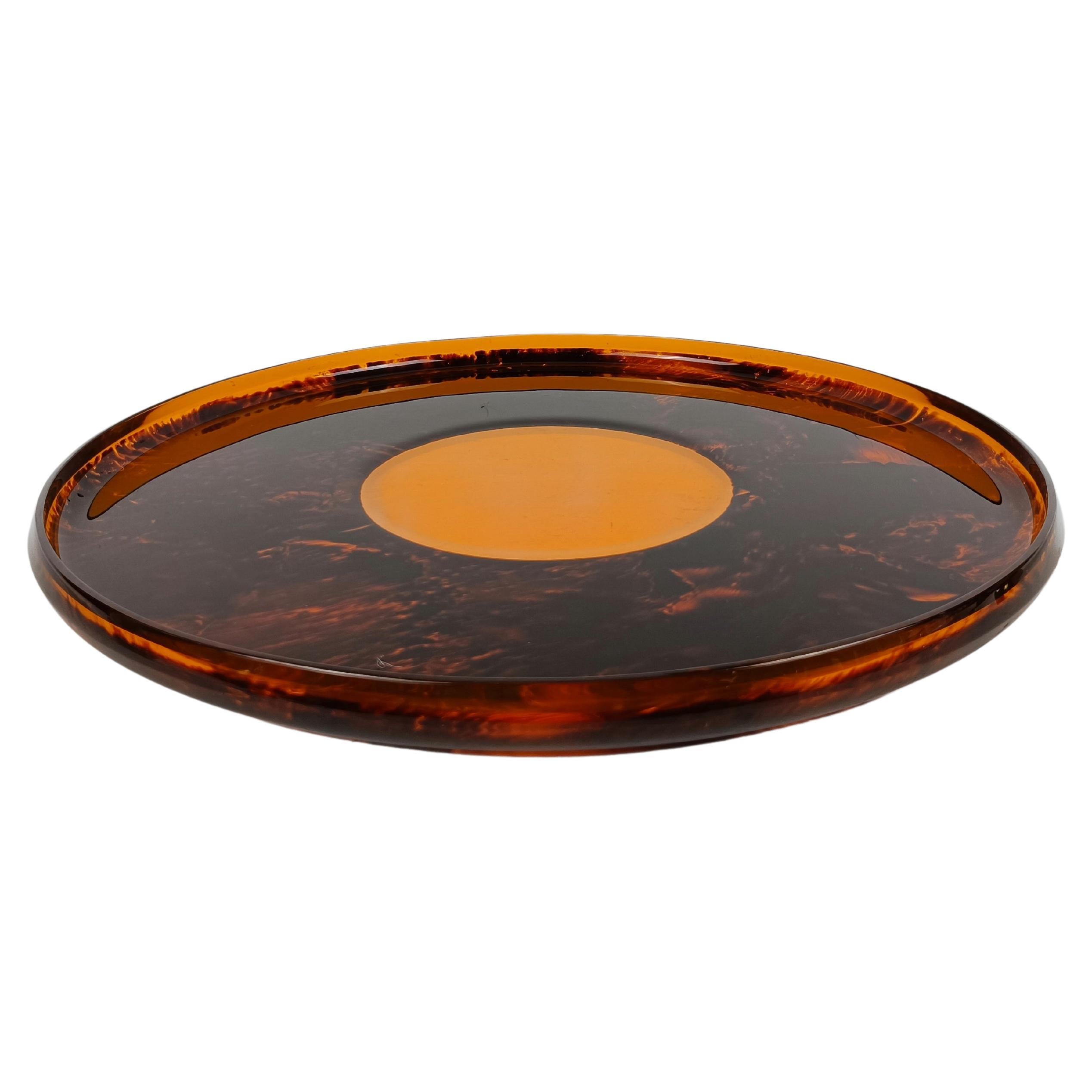 Italian 1970s Serving Round Tray in Indian Yellow Lucite and Faux Tortoiseshell 