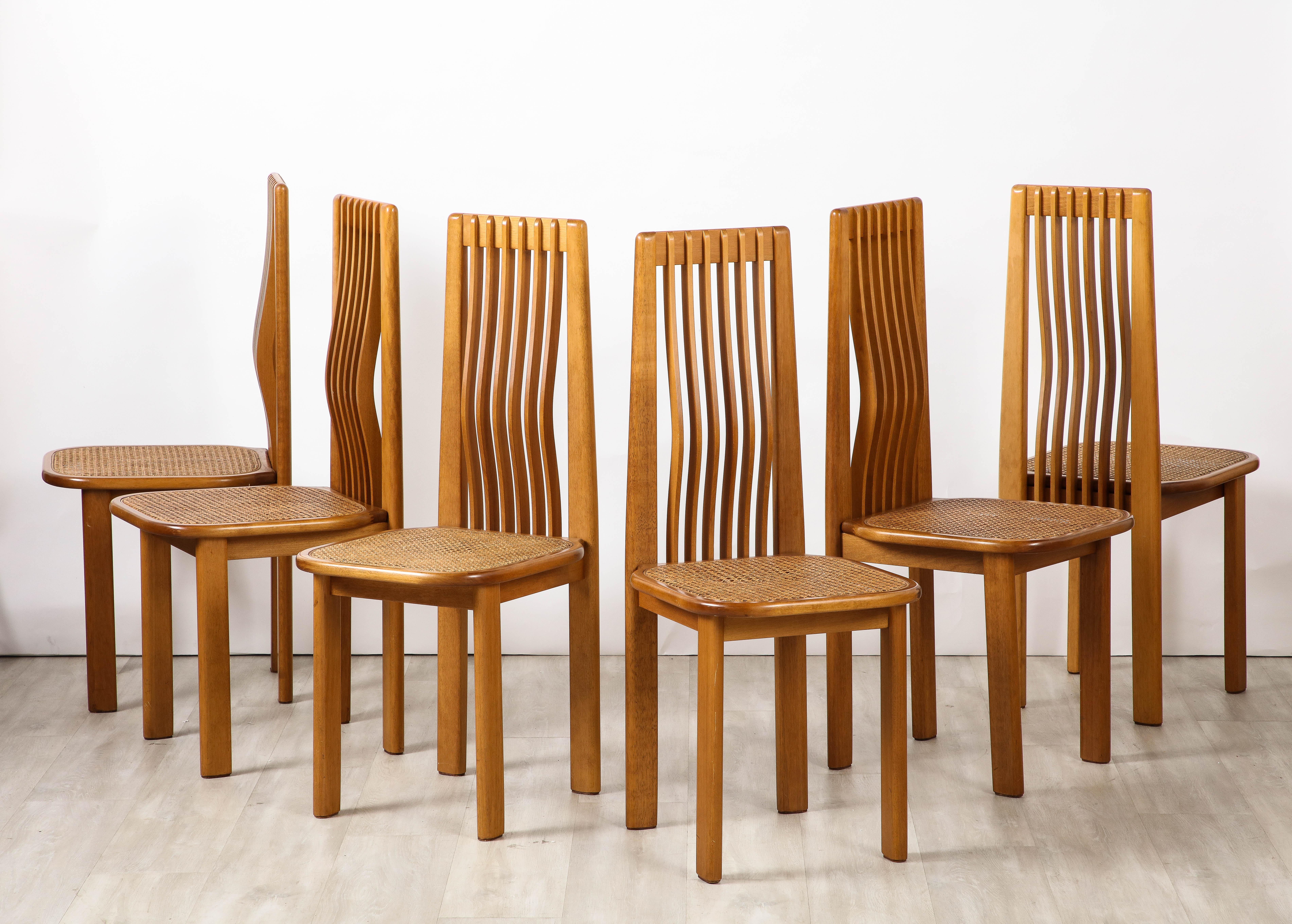 Italian 1970's Set of Six Maple and Cane Dining Chairs, Italy, circa 1970  In Good Condition For Sale In New York, NY