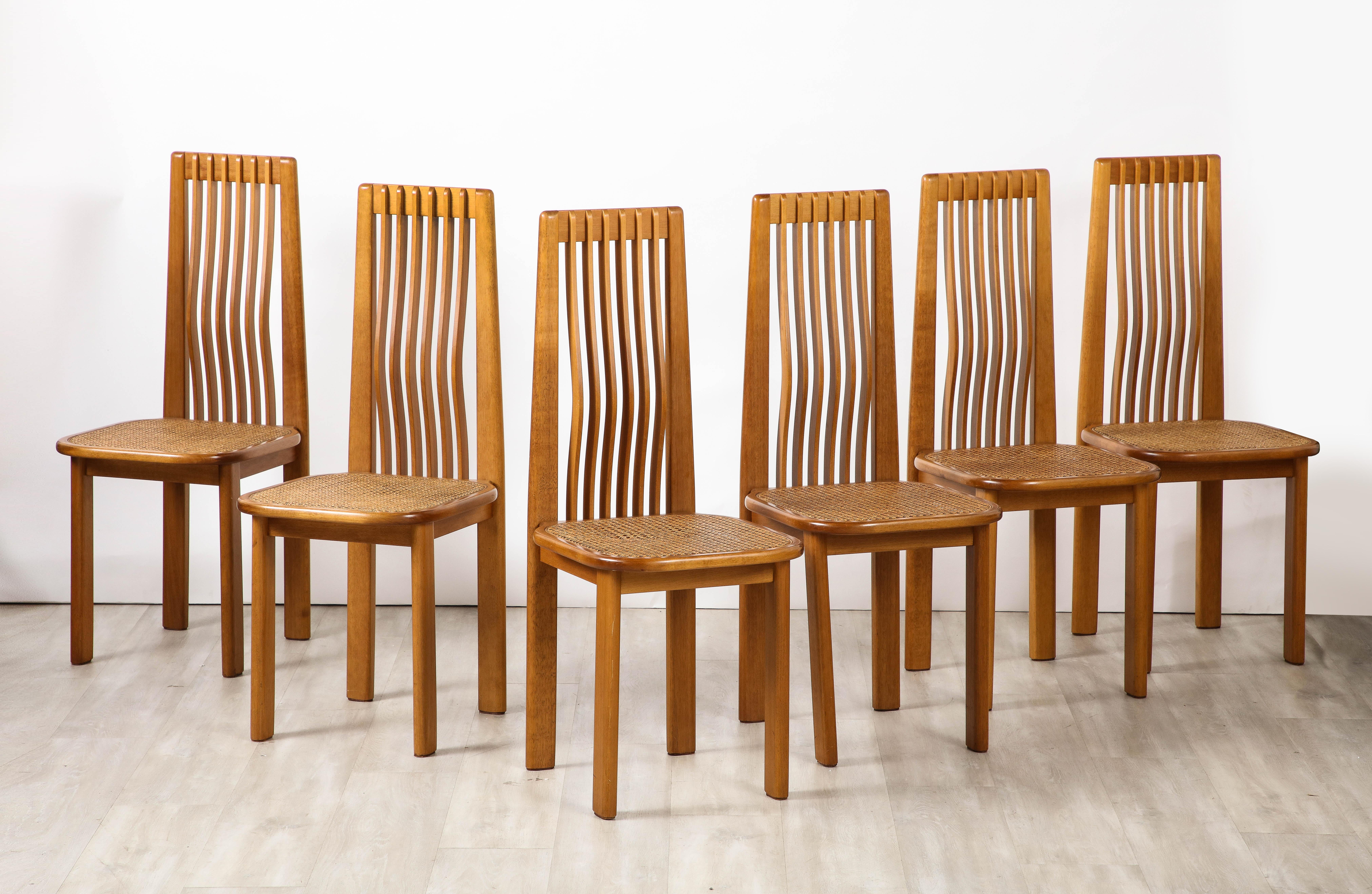 Late 20th Century Italian 1970's Set of Six Maple and Cane Dining Chairs, Italy, circa 1970  For Sale