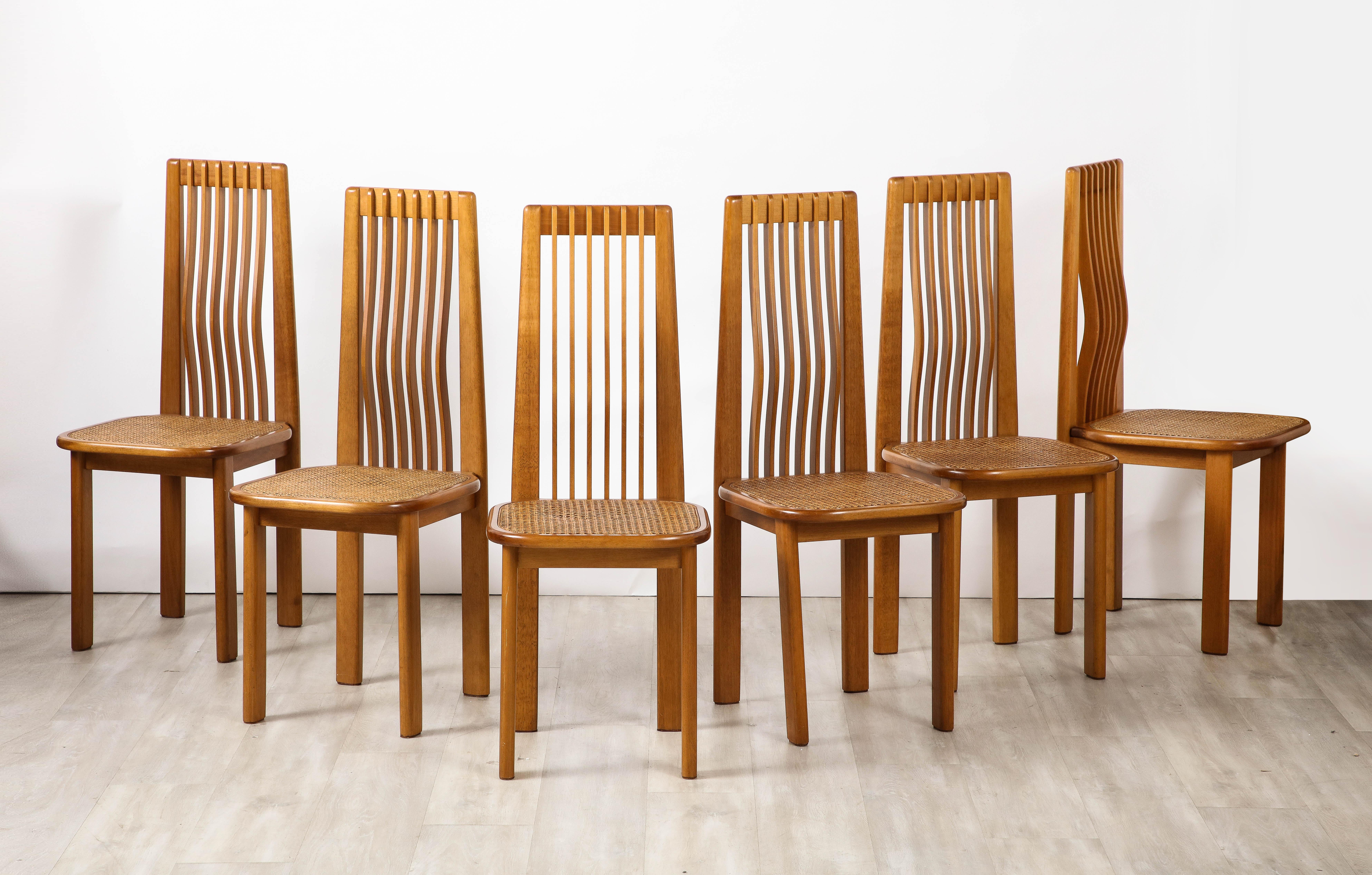 Italian 1970's Set of Six Maple and Cane Dining Chairs, Italy, circa 1970  For Sale 1