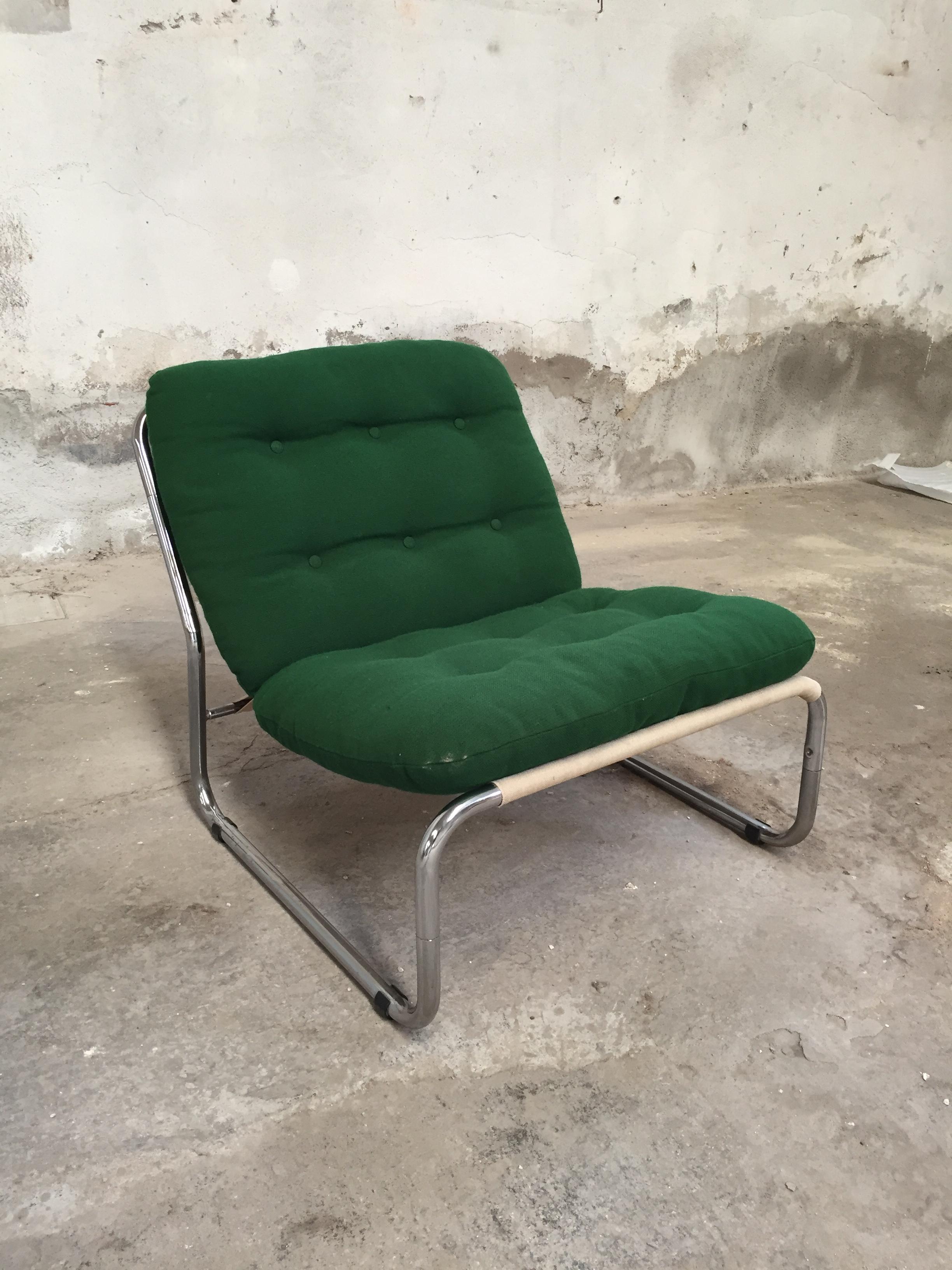 Late 20th Century Italian 1970s Set of Six Upholstered Chrome Chairs with Original Cushions