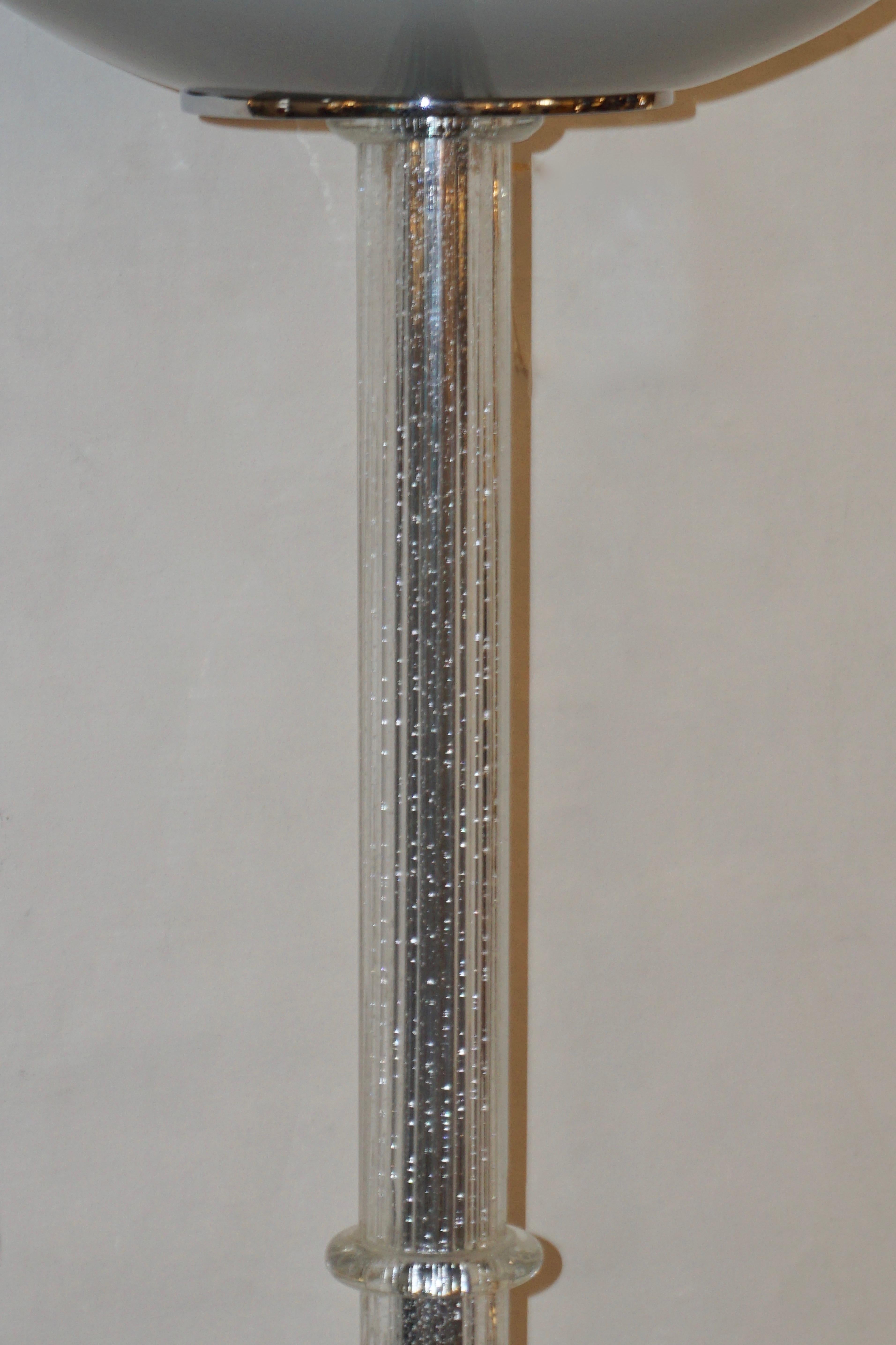 Italian 1970s Silver Leaf Crystal and Pearl Grey Murano Glass Nickel Floor Lamp In Good Condition In New York, NY