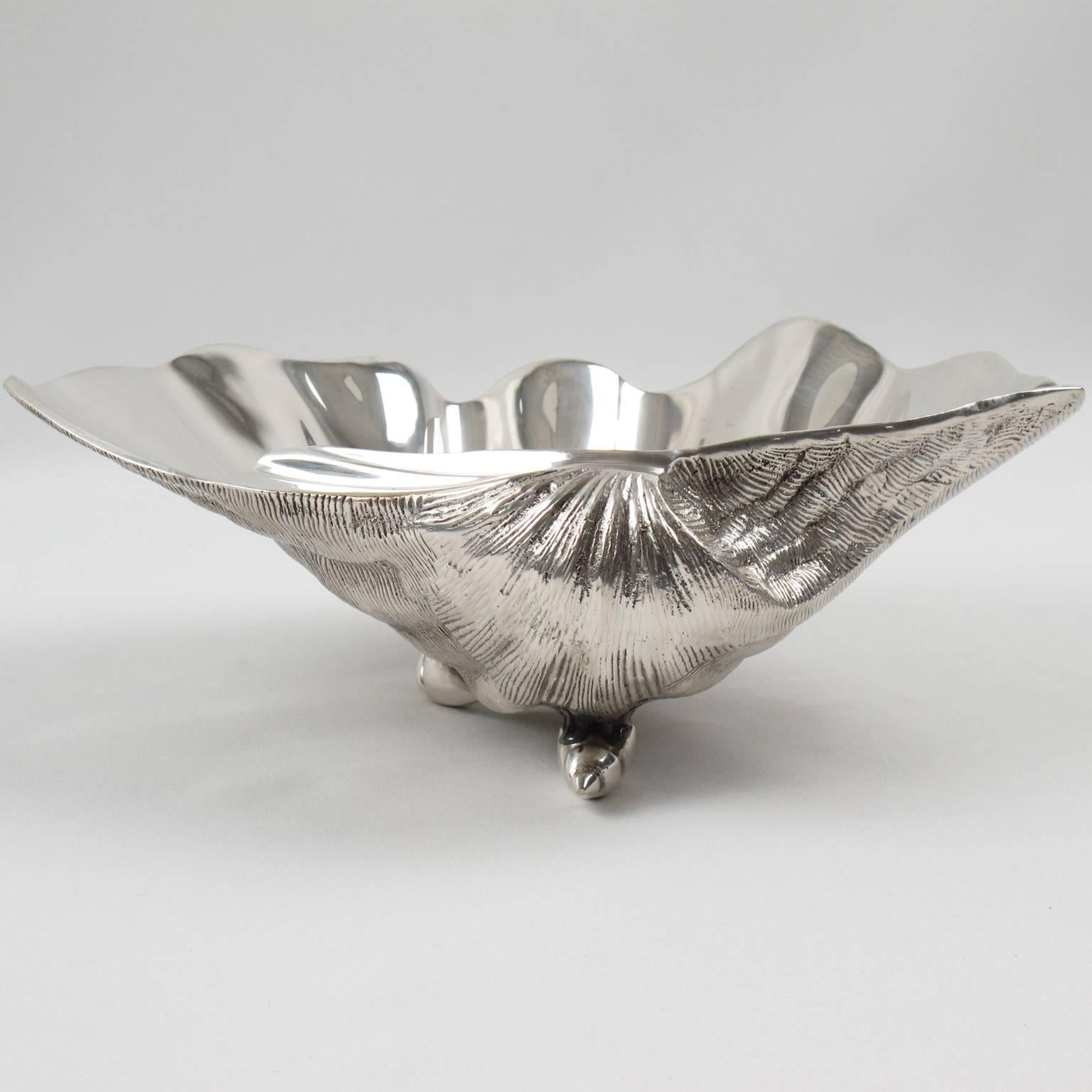 Mid-Century Modern Italian 1970s Silver Plate Large Clam Shell Bowl Catchall