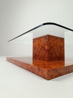 Italian 1970s Square Coffee Table Inlaid with Elm Burl and Oak Burl with Glass